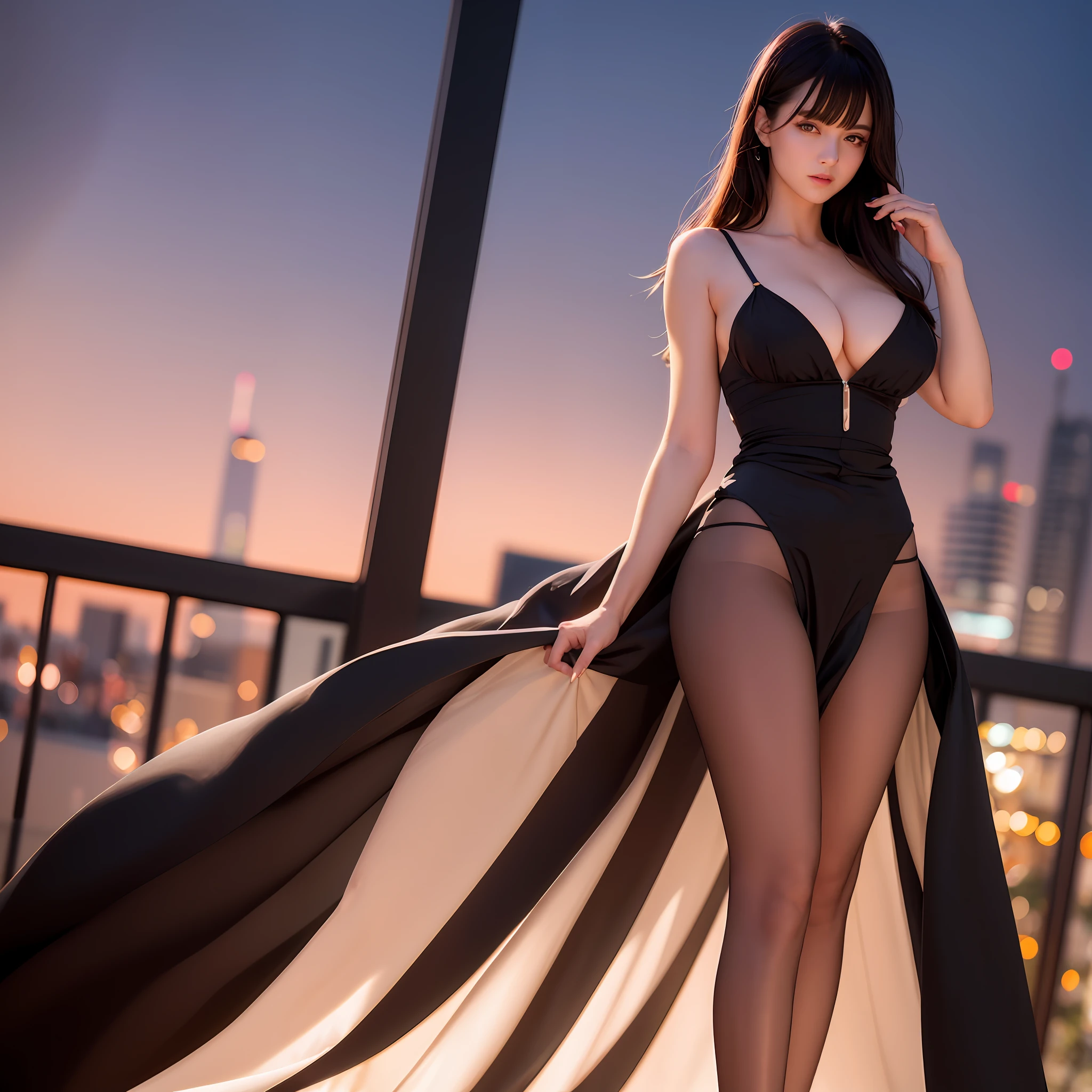 sexy girl with bangs, wearing an elegant black gown, posing against a city skyline at night.ultra realistic 8k cg, picture-perfect face, flawless, clean, masterpiece, professional artwork, famous artwork, perfect face, beautiful face, beautiful eyes, ((perfect female body)),huge breasts, solo,
,(blush:0.5),seductive expression,extremely detailed_eyes,
beautifully detailed background,depth of field,realistic:1.3,
(ambient light:1.3),(cinematic composition:1.3),(neon lights:0.1),(HDR:0.1),Accent Lighting, narrow waist,pantyhose,crotchless,standing,