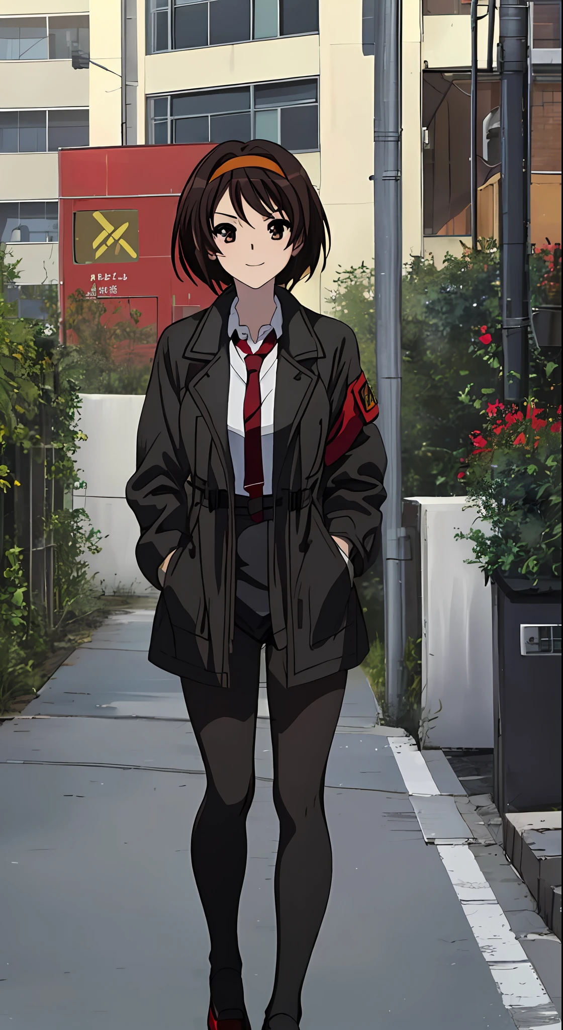 ((masterpiece)), (8k, high_resolution),(best quality), 1girl, solo, brown eyes, pale face, anemic face, bruises under the eyes, black hair, short hair, bob hairstyle, smile, look, street, city, outdoor, beautiful eyes and detailed face, medium breasts, hands in pockets, ((coat, red coat, black shirt, red tie, black tights: 1.2)), whole body, Haruhi Suzumiya, Kyōani Haruh style