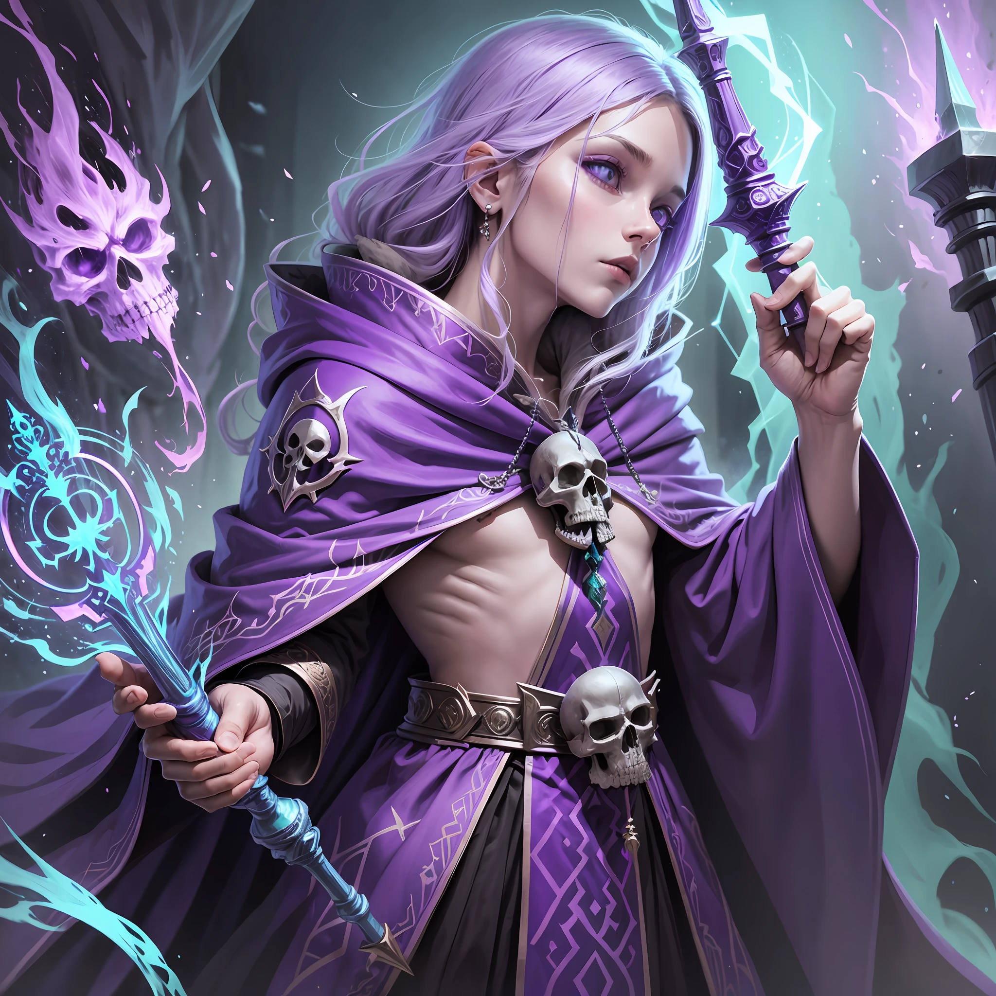 Lord, wizard, staff with a skull of a demon, purple and green robe, color of magic baby blue --auto --s2