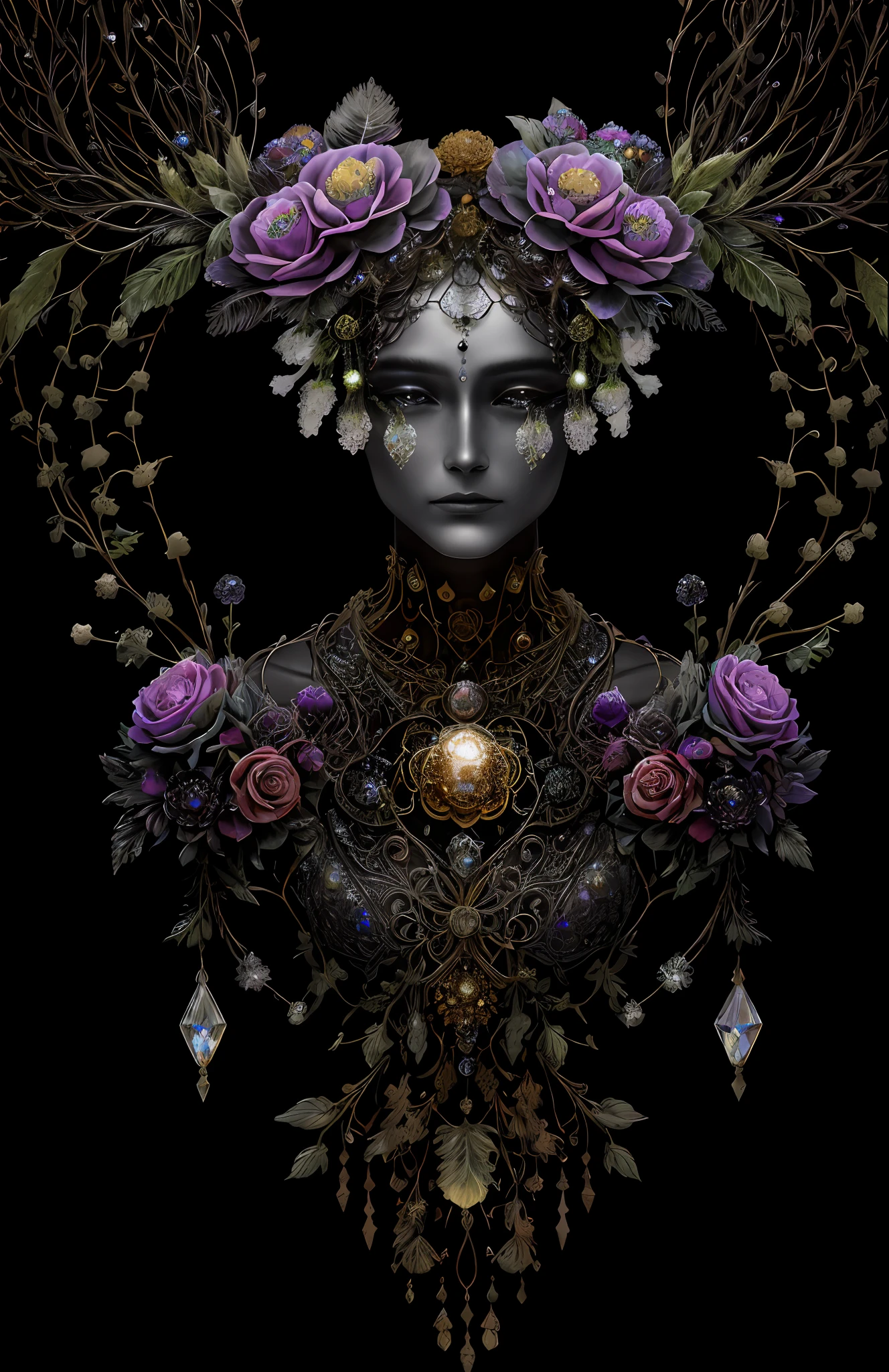 "Rosen maiden, (masterpiece, best quality), (illustration), strange fungal disease dense forest, transparent sticky substance, caustics, crystals, close-up, intricate details, dark background, sparkling spores, rainbow crystals, darkness", made of metal, cyborg: 1.1, [detailed wire]: 1.3, (complex details), HDR, (complex details, hyperdetailed: 1.2),