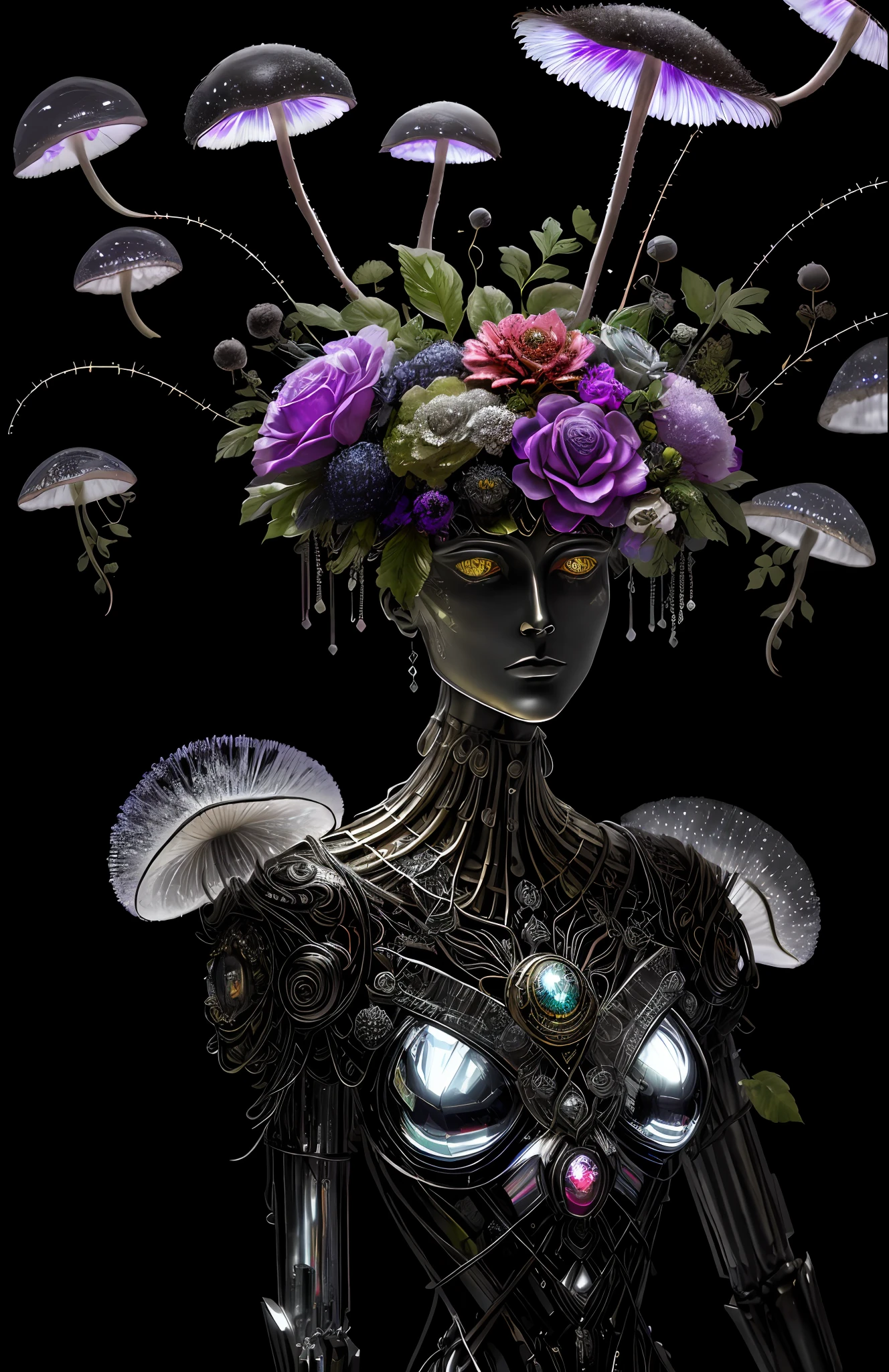 "Rosen maiden, (masterpiece, best quality), (illustration), strange fungal disease dense forest, transparent sticky substance, caustics, crystals, close-up, intricate details, dark background, sparkling spores, rainbow crystals, darkness", made of metal, cyborg: 1.1, [detailed wire]: 1.3, (complex details), HDR, (complex details, hyperdetailed: 1.2),