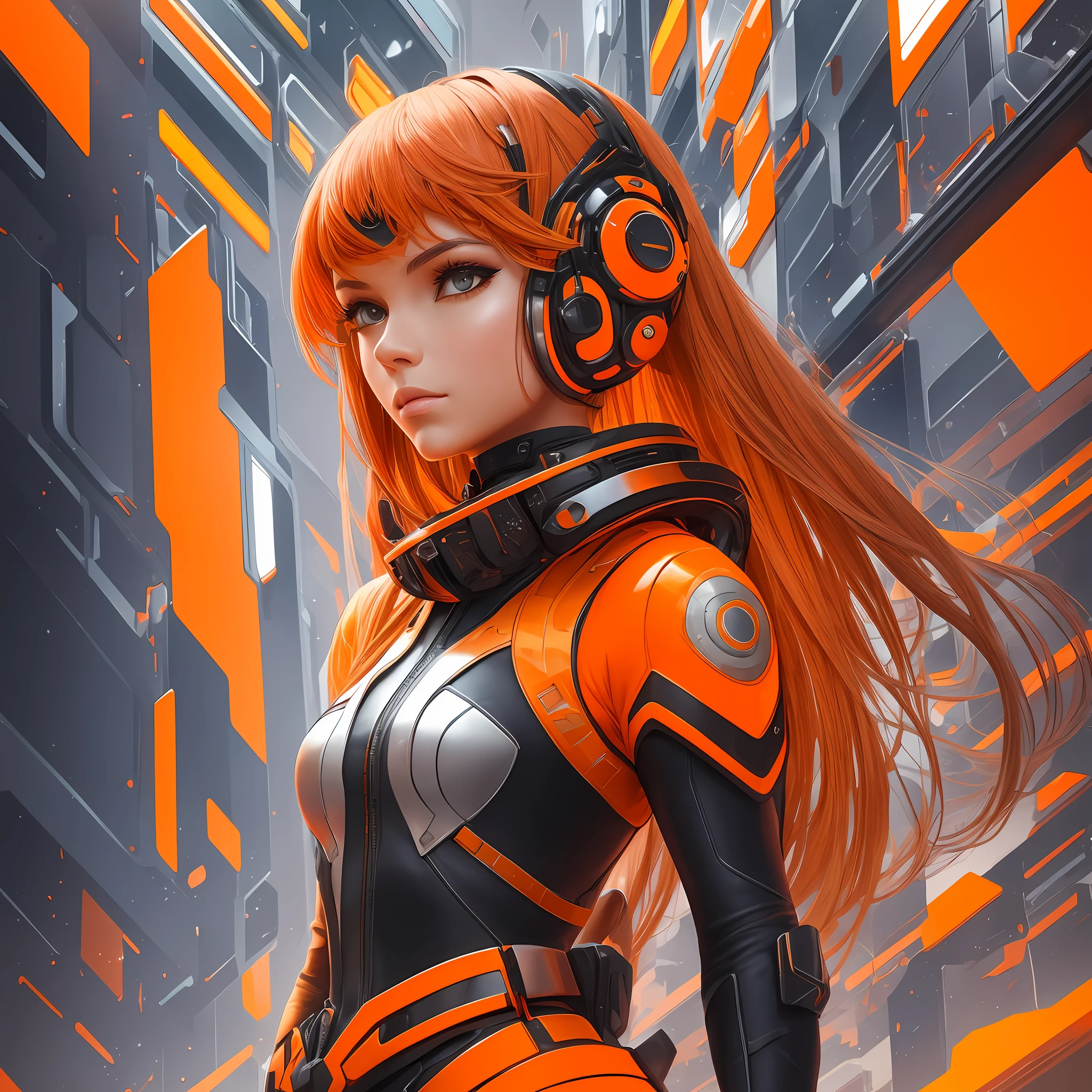 Make an art of a futuristic girl with orange elements --auto --s2