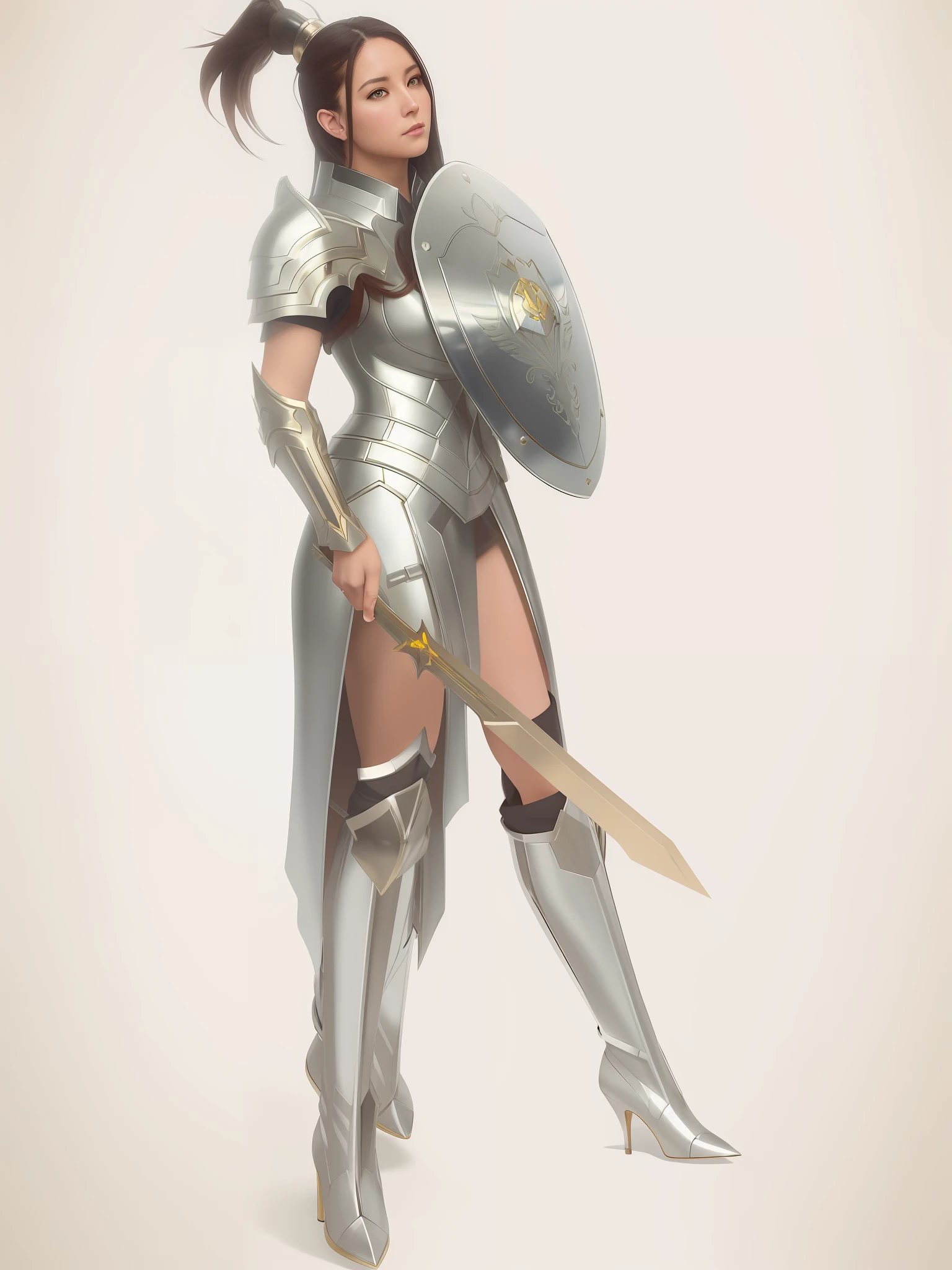 digital concept created by artgerm, Greg Rutkowski and Alphonse Mucha, a clear portrait of a paladin girl in armor!!, shield, sword, armor, high boots!!, light effect. hyper detail, character concept, full body!! dynamic pose, castle corridor, intricate, elegant, artstation, concept art, sleek, sharp focus,