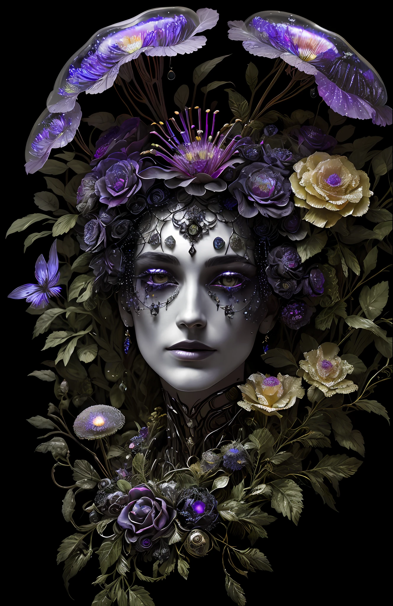 "Rosen maiden, (masterpiece, best quality), (illustration), strange fungal disease dense forest, transparent sticky substance, caustics, crystals, close-up, intricate details, dark background, sparkling spores, rainbow crystals, darkness", made of metal, cyborg: 1.1, [detailed wire]: 1.3, (complex details), HDR, (complex details, hyperdetailed: 1.2),