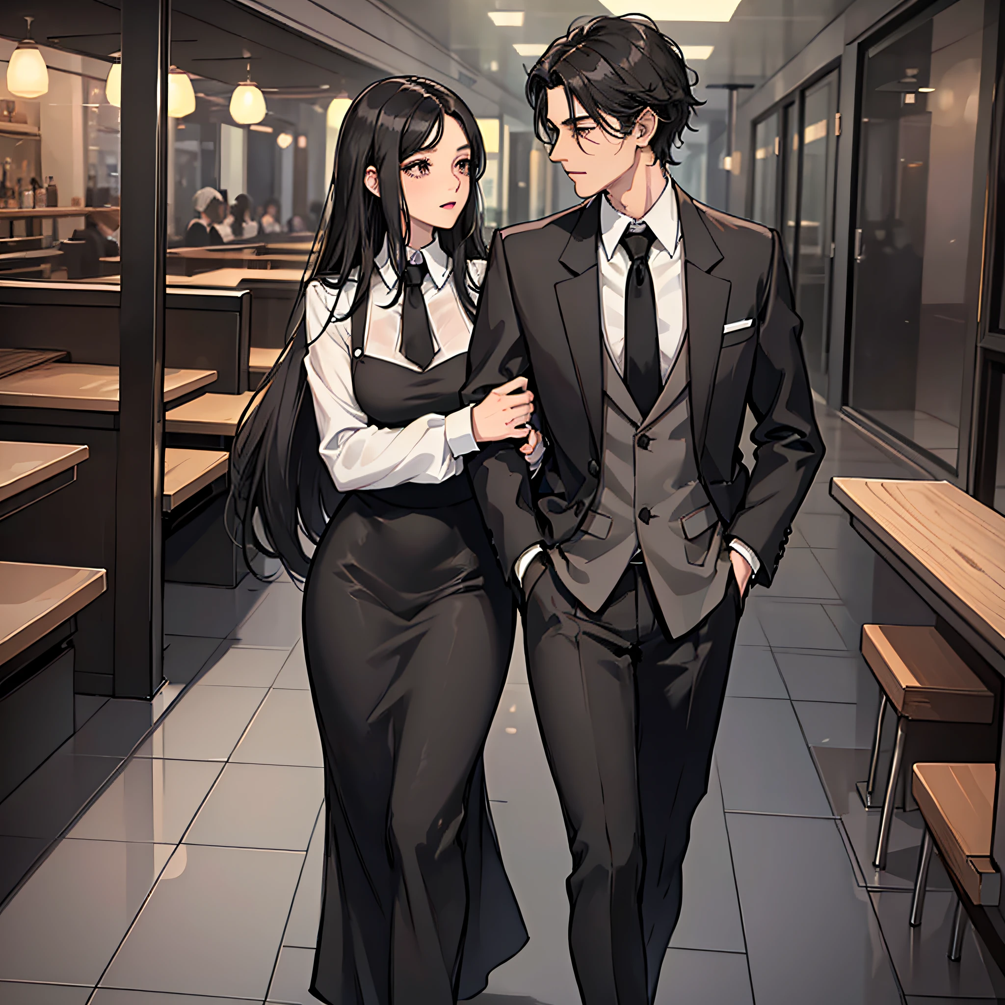 A man in a black suit (side hair type, high cold) and a woman in a white dress (long black hair, pretty,) walked into the restaurant