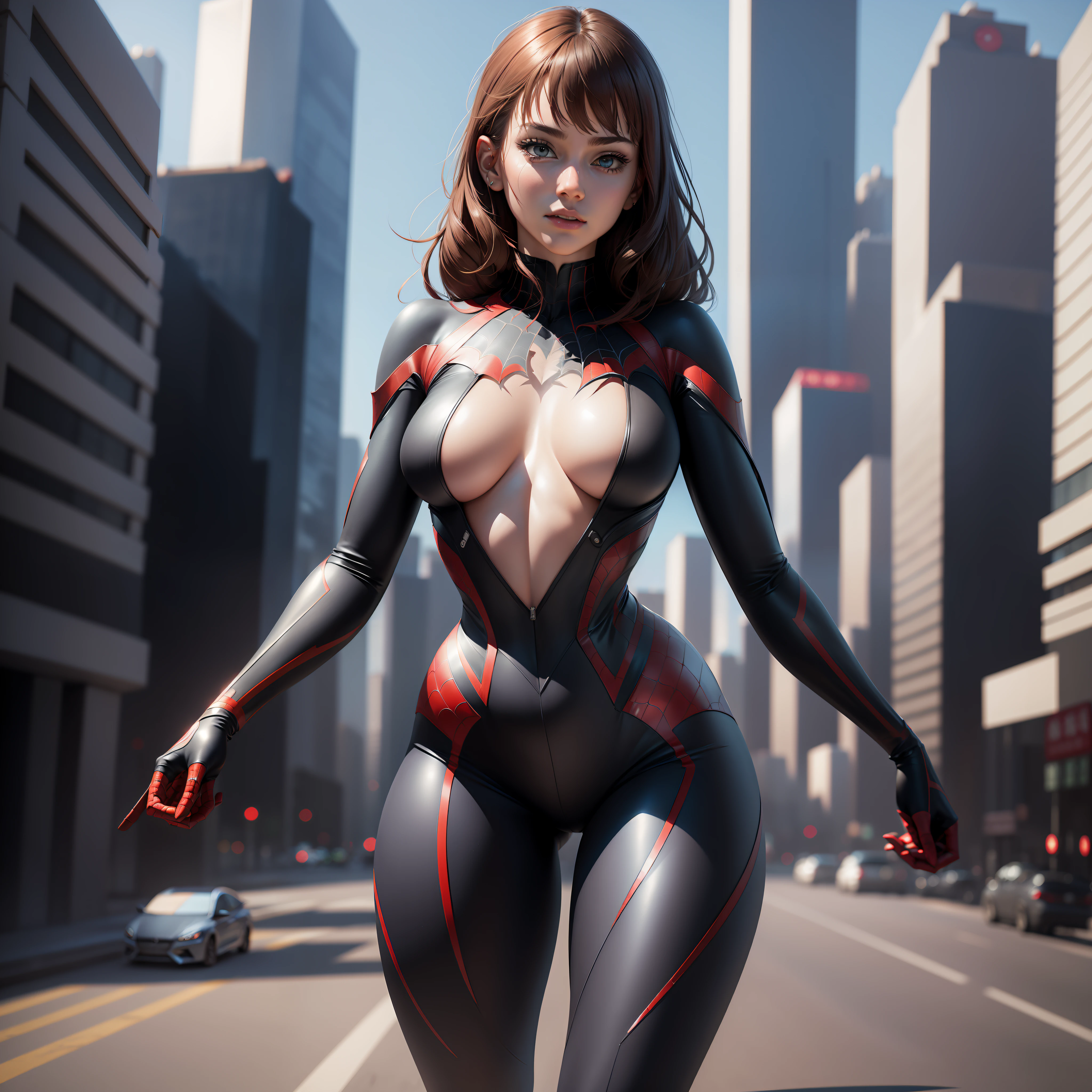 (1girl:1.3), Solo, (((Very detailed face)))), ((Very detailed eyes and face)))), Beautiful detail eyes, Body parts__, Official art, 8k unified wallpaper, Super detailed, beautiful and beautiful, beautiful, masterpiece, best quality, original, masterpiece, super thin photo, best quality, super high resolution, realistic realism, sunlight, full body portrait, amazing beauty, dynamic pose, delicate face, vibrant eyes, (from the front), She wears Spider-Man suit, red and black color scheme, spider, very detailed city roof background, roof, with city view, detailed face, detailed complex busy background, messy, gorgeous, milky white, highly detailed skin, realistic skin details, visible pores, clear focus, volumetric mist, 8k uhd, DSLR, high quality, grain of film, fair skin, photographic realism, lomography, futuristic dystopian megalopolis, translucent. UHD, high details, super detail, best quality, 8k