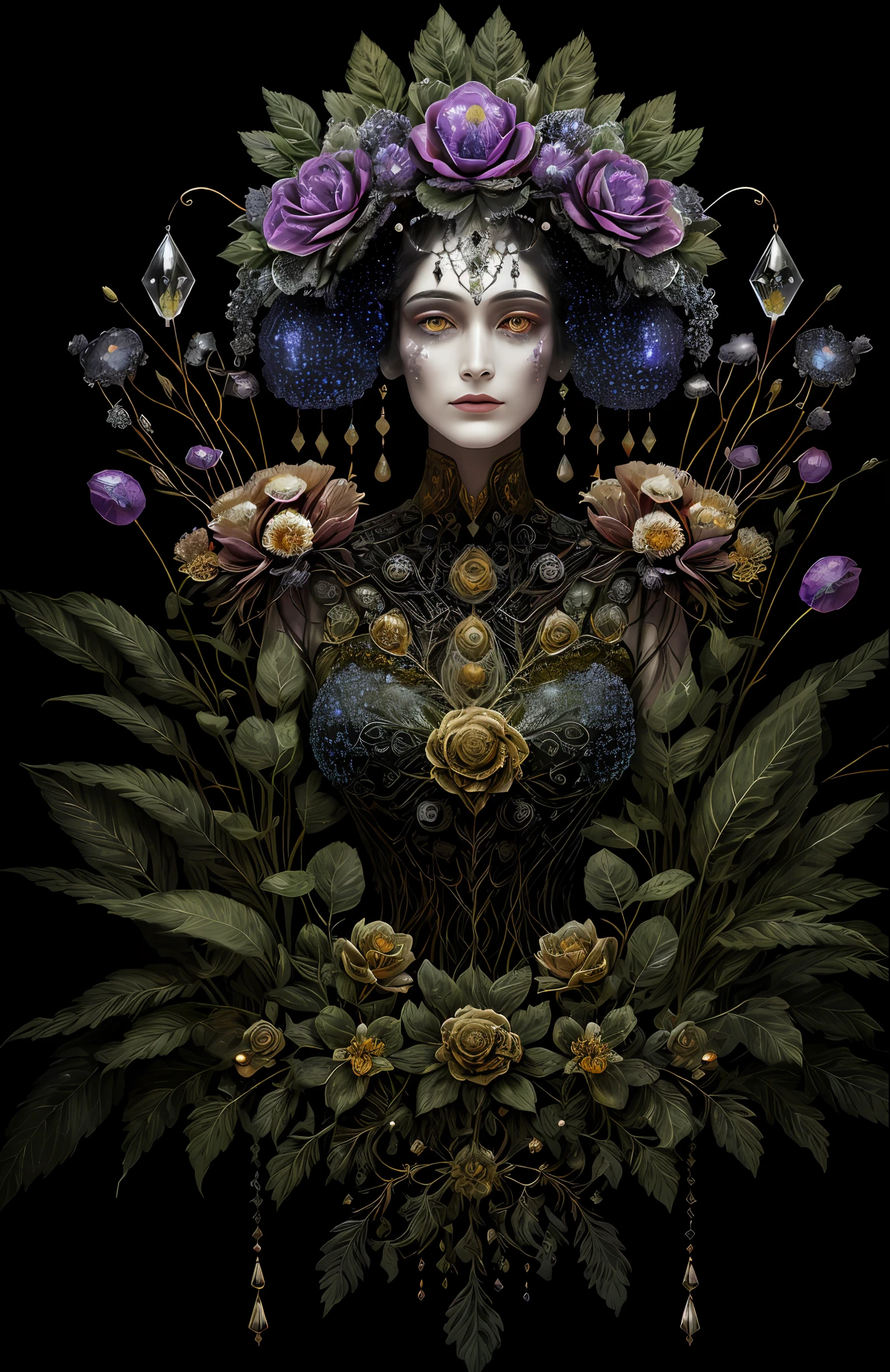 "Rosen maiden, (masterpiece, best quality), (illustration), strange fungal disease dense forest, transparent sticky substance, caustics, crystals, close-up, intricate details, dark background, sparkling spores, rainbow crystals, darkness", made of metal, cyborg: 1.1, [detailed wire]: 1.3, (complex details), HDR, (complex details, hyperdetailed: 1.2),