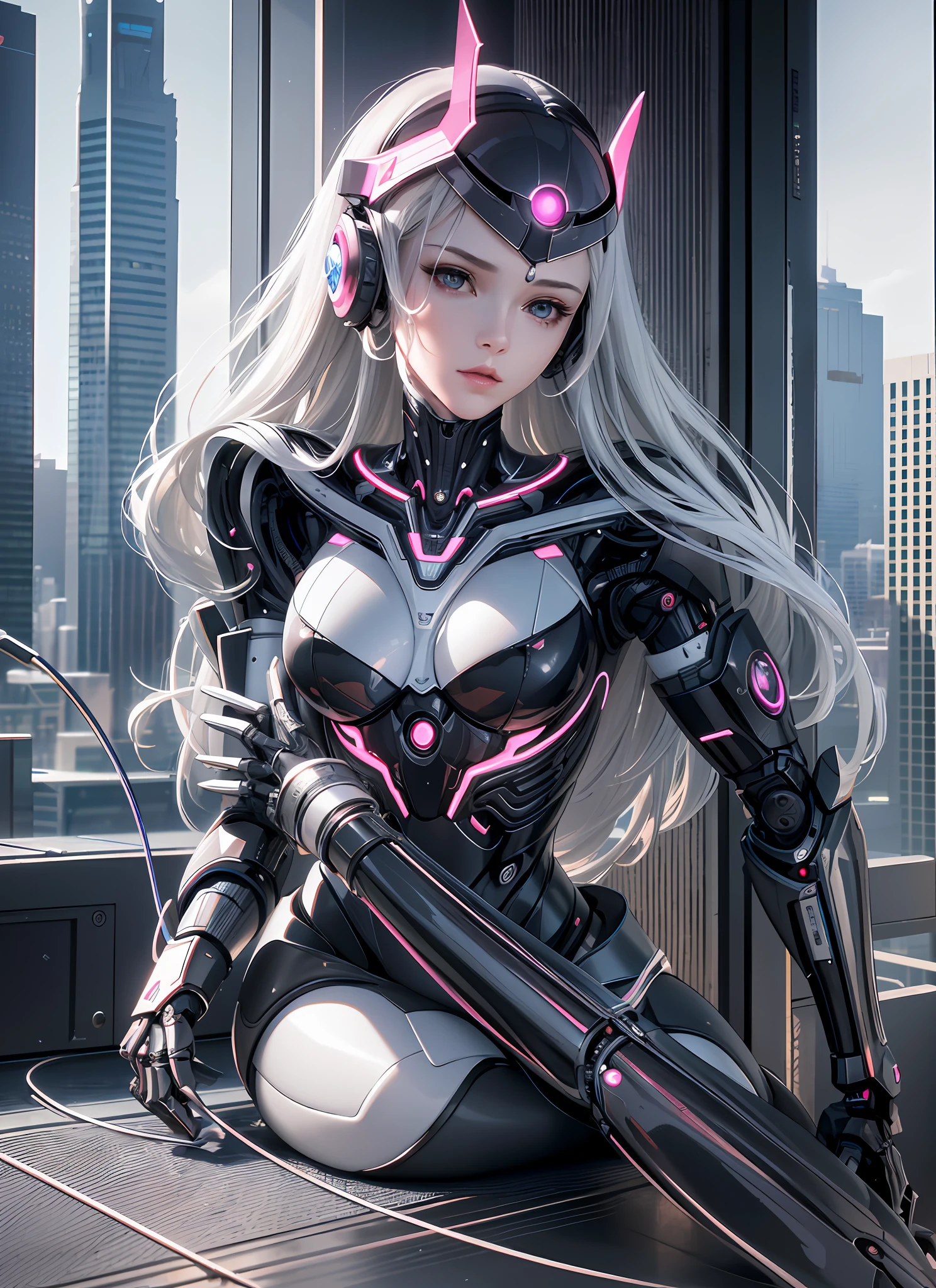 Complex 3D rendering Ultra-detailed woman android face with beautiful porcelain silhouette, cyborg, robot part, 150 mm, beautiful studio soft light, edge light, vibrant detailing, luxury cyberpunk, lace, surreal, anatomy, facial muscles, cable wire, microchip, elegant, beautiful background, octane rendering, h. r. giger style, 8k, best quality, masterpiece, Illustrations, An extremely refined and beautiful, very detailed, CG, unity, wallpaper, (Realistic, photorealistic: 1.37), amazing, fine details, masterpiece, best quality, official art, extremely detailed CG Unity 8k wallpaper, ridiculous, incredibly ridiculous, robot, silver halmet, full body, sitting