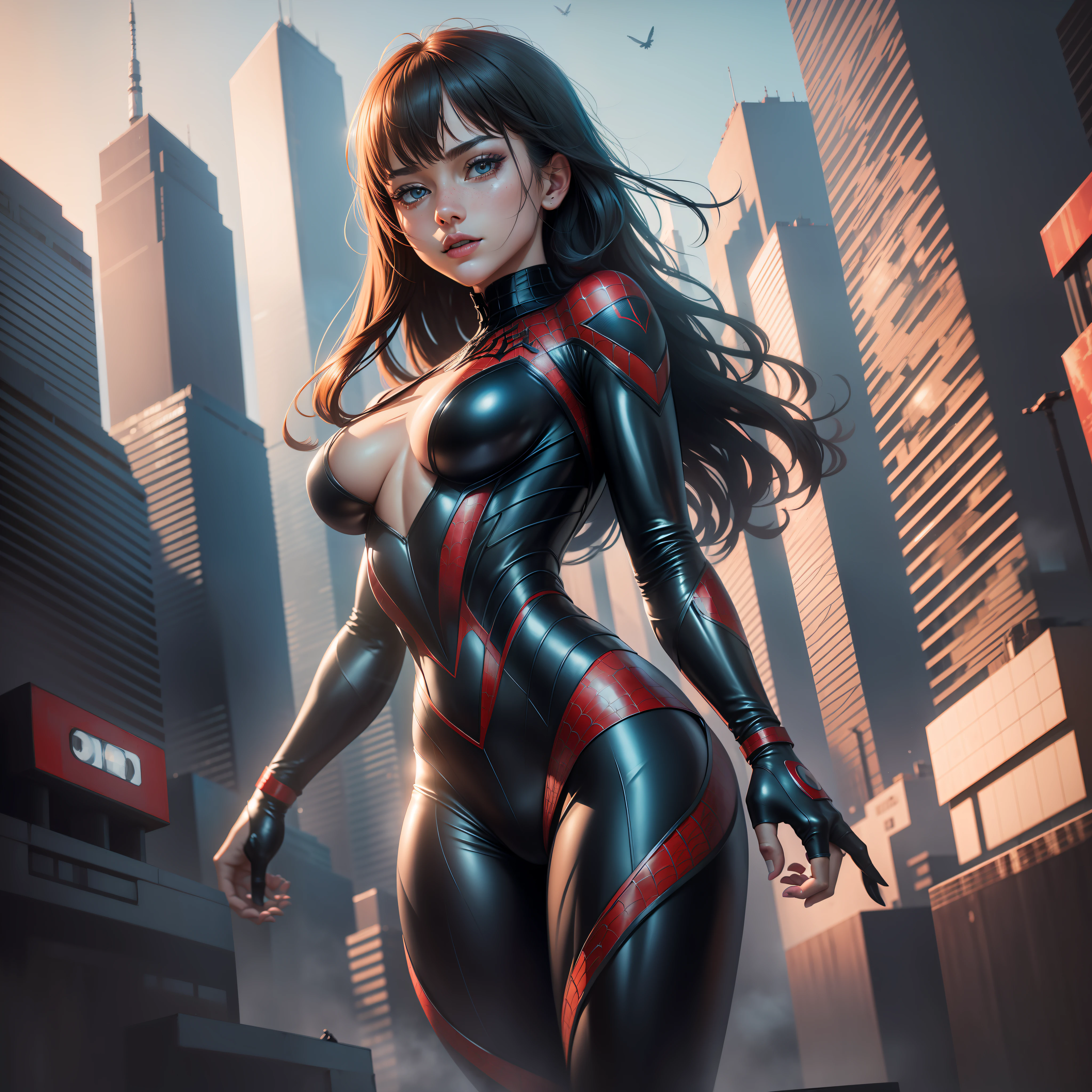 (1girl:1.3), Solo, (((Very detailed face)))), ((Very detailed eyes and face)))), Beautiful detail eyes, Body parts__, Official art, 8k unified wallpaper, Super detailed, beautiful and beautiful, beautiful, masterpiece, best quality, original, masterpiece, super thin photo, best quality, super high resolution, realistic realism, sunlight, full body portrait, amazing beauty, dynamic pose, delicate face, vibrant eyes, (from the front), She wears Spider-Man suit, red and black color scheme, spider, very detailed city roof background, roof, with city view, detailed face, detailed complex busy background, messy, gorgeous, milky white, highly detailed skin, realistic skin details, visible pores, clear focus, volumetric mist, 8k uhd, DSLR, high quality, grain of film, fair skin, photographic realism, lomography, futuristic dystopian megalopolis, translucent. UHD, high details, super detail, best quality, 8k