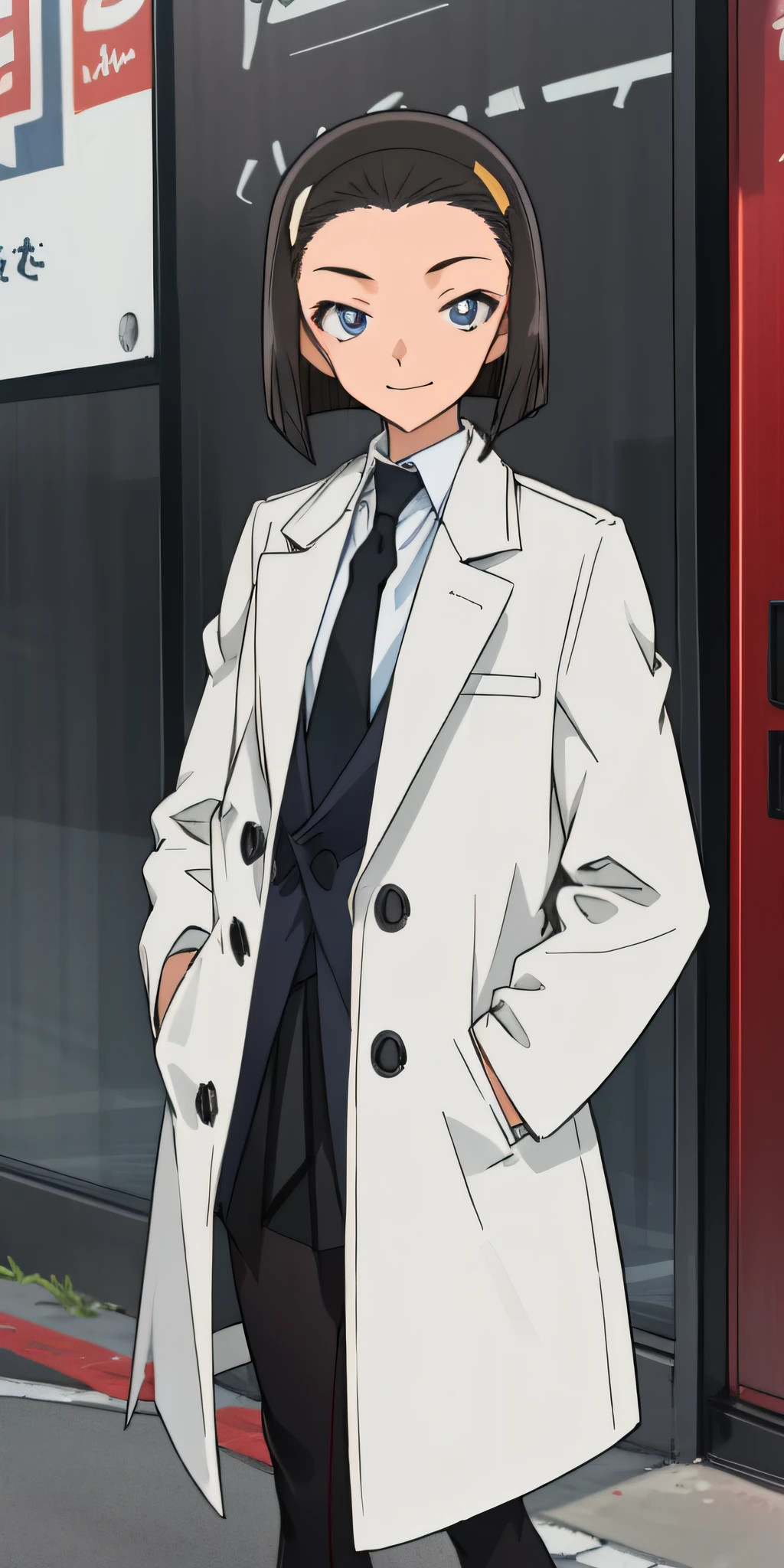 ((masterpiece)), (8k, high_resolution),(best quality), Sonoko, 1girl, solo, blue eyes, pale face, anemic face, black hair, short hair, bob hairstyle, smile, distance look, street, city, outdoor, beautiful eyes and detailed face, medium chest, hands in pockets, ((coat, white coat, black shirt, red tie, black tights: 1.2)), whole body