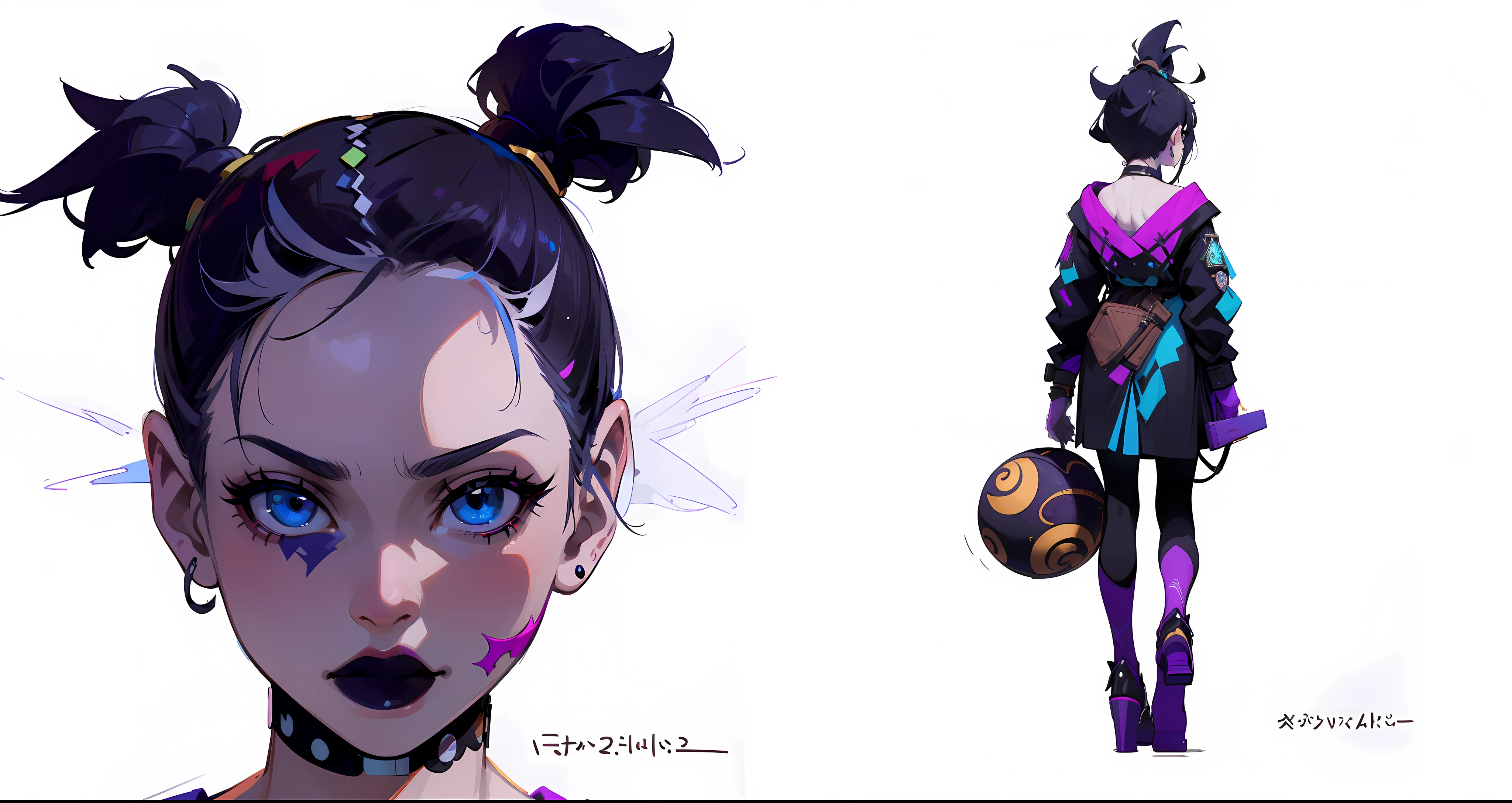 ((masterpiece)),(((best quality))), (((detailed face))), ((vtuber character design sheet,same character,front,side,back)),illustration, 1 punk woman wearnng cyberpunk pagan Karelian and Finnish clothes mixed with nu-goth aesthetic. Kalevala, folklore. Druid Louhi, Mistress of the North, environment Scene change, pose too (simple background, white background: 1.3)
