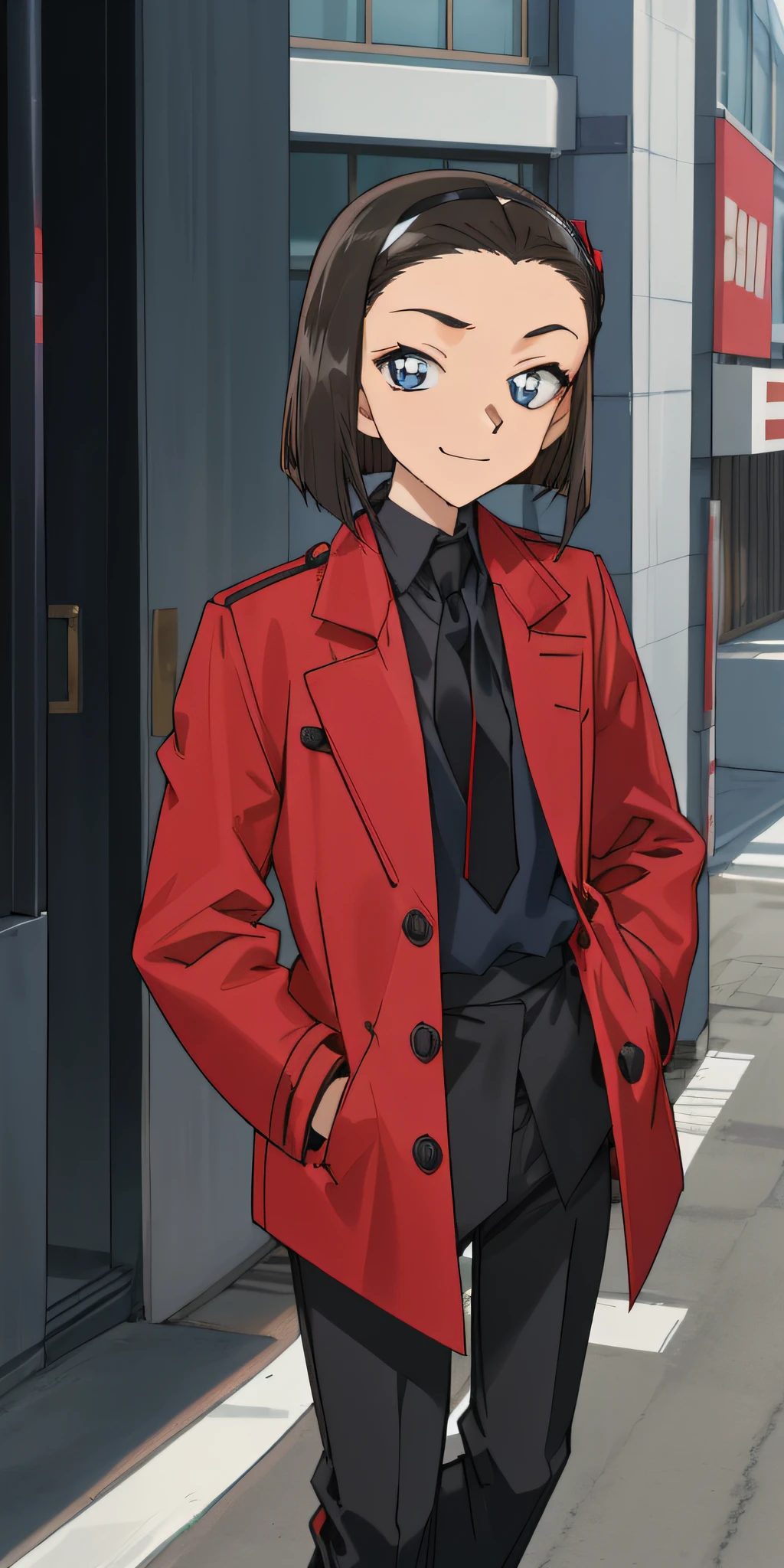 ((masterpiece)), (8k, high_resolution),(best quality), Sonoko, 1girl, solo, blue eyes, pale face, anemic face, black hair, short hair, bob hairstyle, smile, distance look, street, city, outdoor, beautiful eyes and detailed face, medium chest, hands in pockets, ((coat, red coat, black shirt, red tie, black pants, black pants: 1.2)), whole body