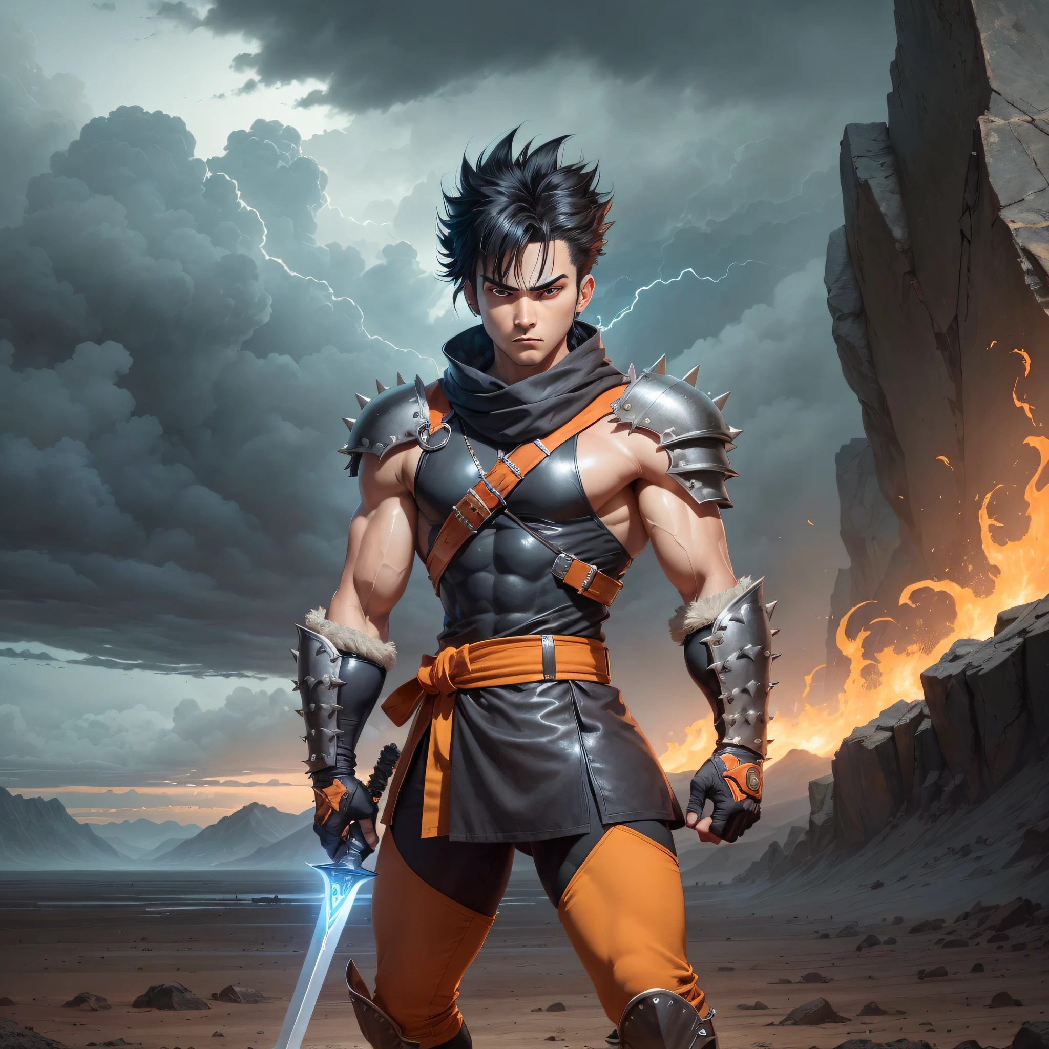 The image is of a young warrior with spiky black hair, with large, expressive eyes. He wears an orange and blue outfit with a green belt, a pair of black boots and leather gloves. His body is muscular and defined, with a confident and determined posture. He holds a long sword in one hand and a round shield in the other. In the background, it is possible to see a desolate landscape with rocky mountains and a stormy sky, Yoshihiro Togashi style --auto --s2