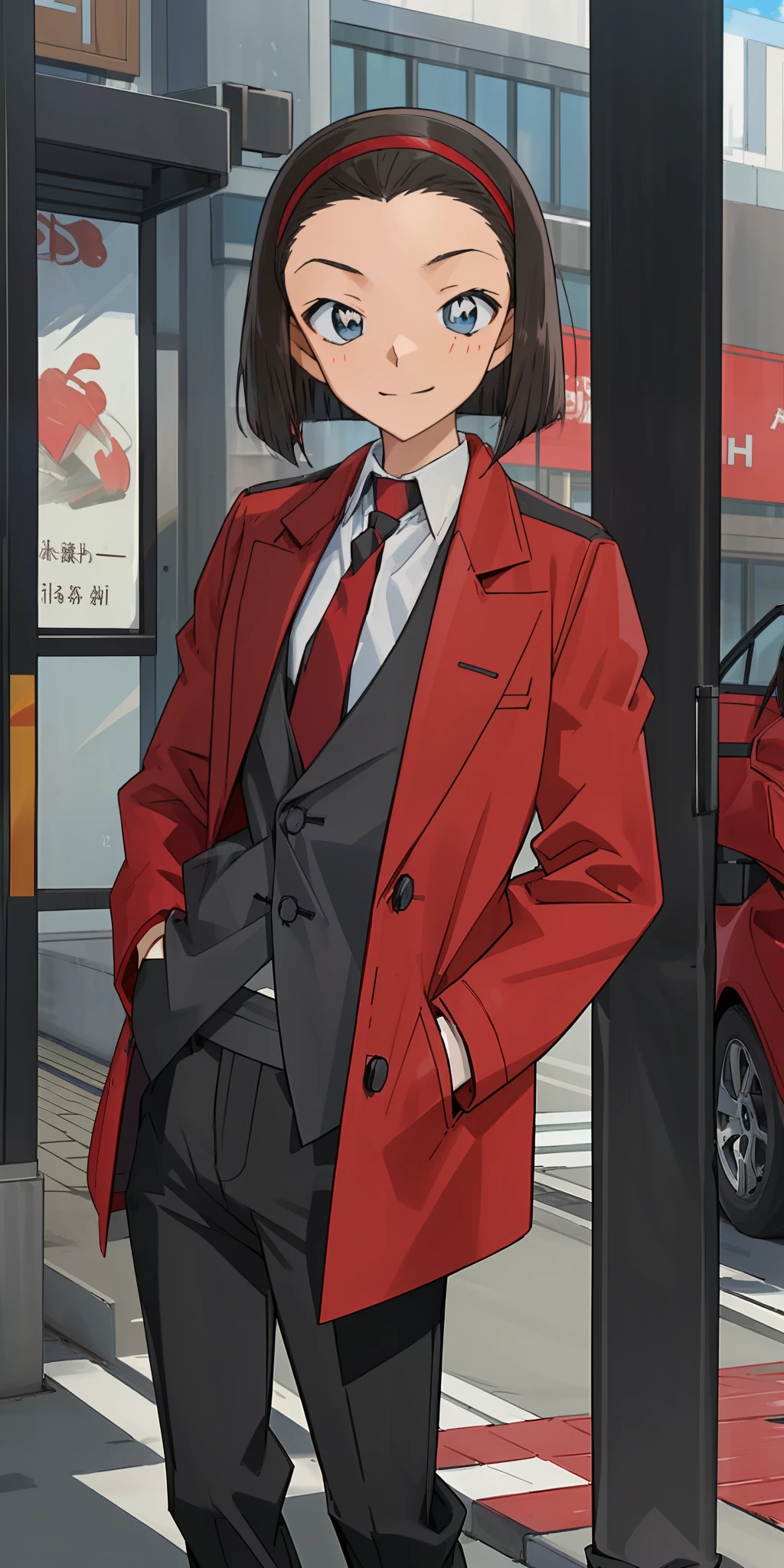 ((masterpiece)), (8k, high_resolution),(best quality), Sonoko, 1girl, solo, blue eyes, pale face, anemic face, black hair, short hair, bob hairstyle, smile, distance look, street, city, outdoor, beautiful eyes and detailed face, medium chest, hands in pockets, ((coat, red coat, black shirt, red tie, black pants, black pants: 1.2)), whole body