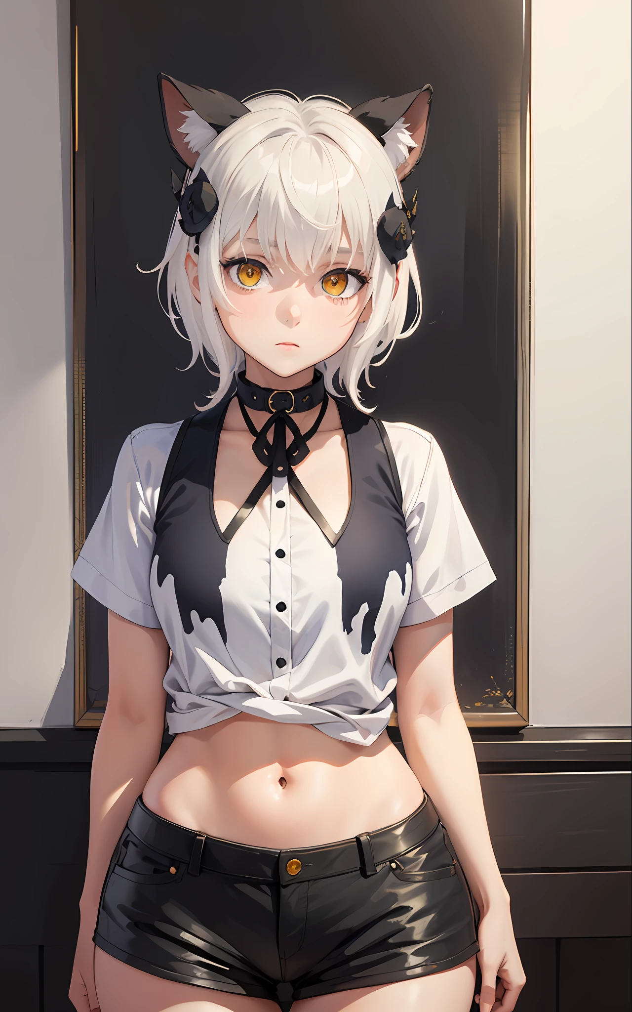 masterpiece, short shorts, masterpiece, best quality, highres, dark persona, watercolor painting theme, (looking at the viewer: 1.1), wide hips, big ass, standing, bent, tojou koneko, yellow eyes, white hair, short hair, hair ornament, white shirt, black ribbon around the neck,