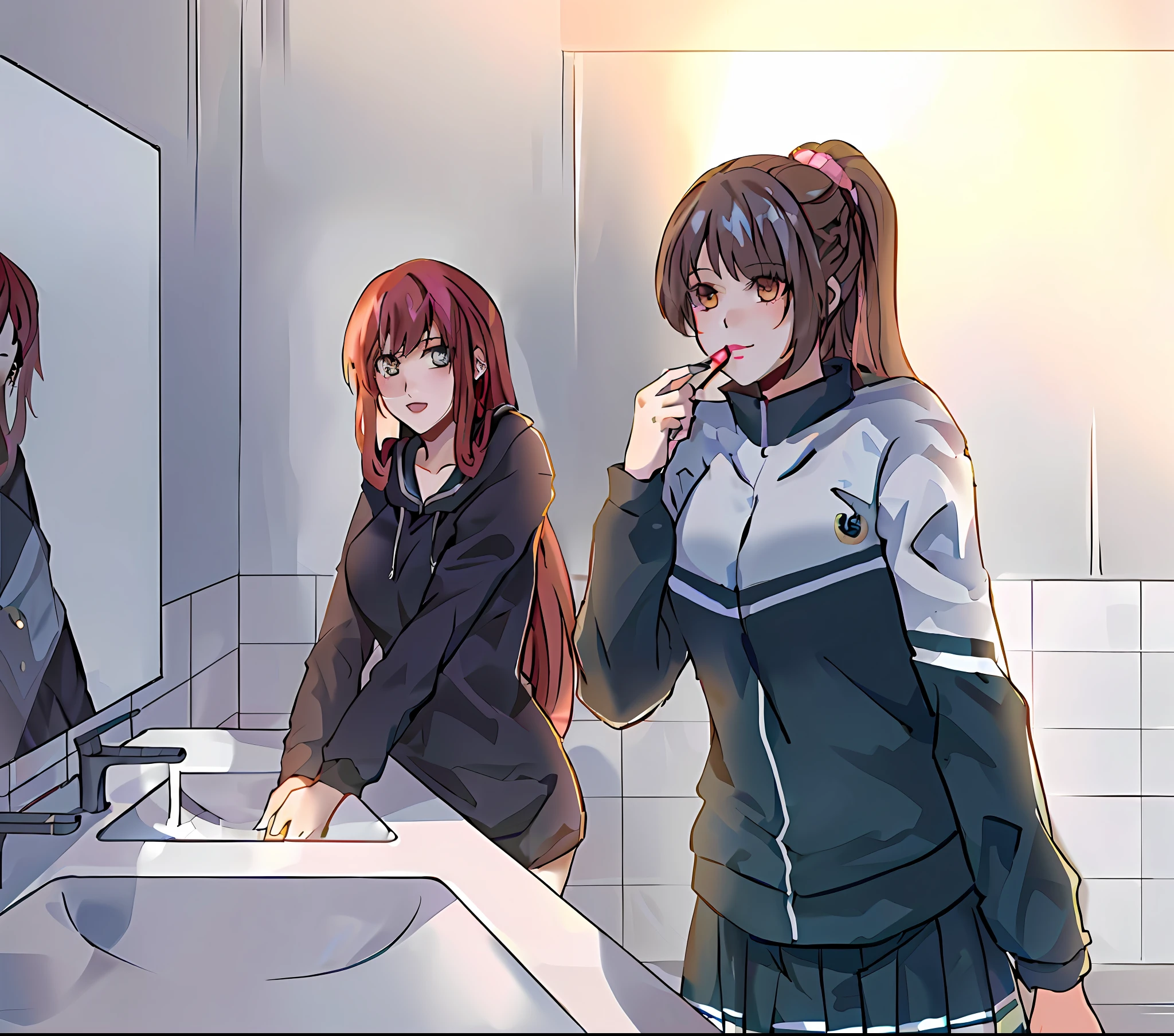 anime girl applying lipstick in front of the mirror in the bathroom, ecchi anime style, girl front style, realistic anime art style, two beautiful anime girls, anime girl, from girl front ,; Visual Novel, Anime Style, Visual Novel CG, Visual Novel, Anime Style, Kantai Collection Style, Marin Kitagawa Doujin Art, Digital Anime Illustration