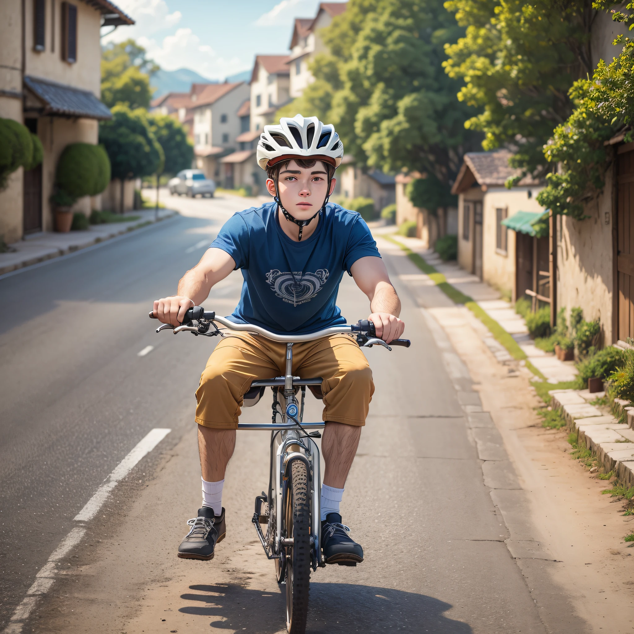 20-year-old boy riding a bicycle, through a village, high definition, with many details, --auto --s2