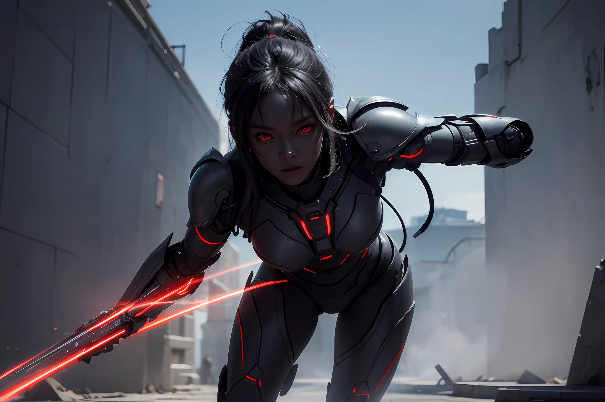 Several beautiful dark-skinned Chinese female aliens invading Earth, (red glowing eyes), (cybernetic armor), ((very sharp details)), ((((dark grey skin)))), ((perfect face)), ((perfect body)), ((full body shot)), (((correct anatomy))), hyper realistic, realistic face, realistic hair, ultra realistic, masterpiece, (8k, RAW photo, best quality, masterpiece:1.2), (realistic, photo-realistic:1.37), professional lighting, photon mapping, radiosity, physically-based rendering --v 6