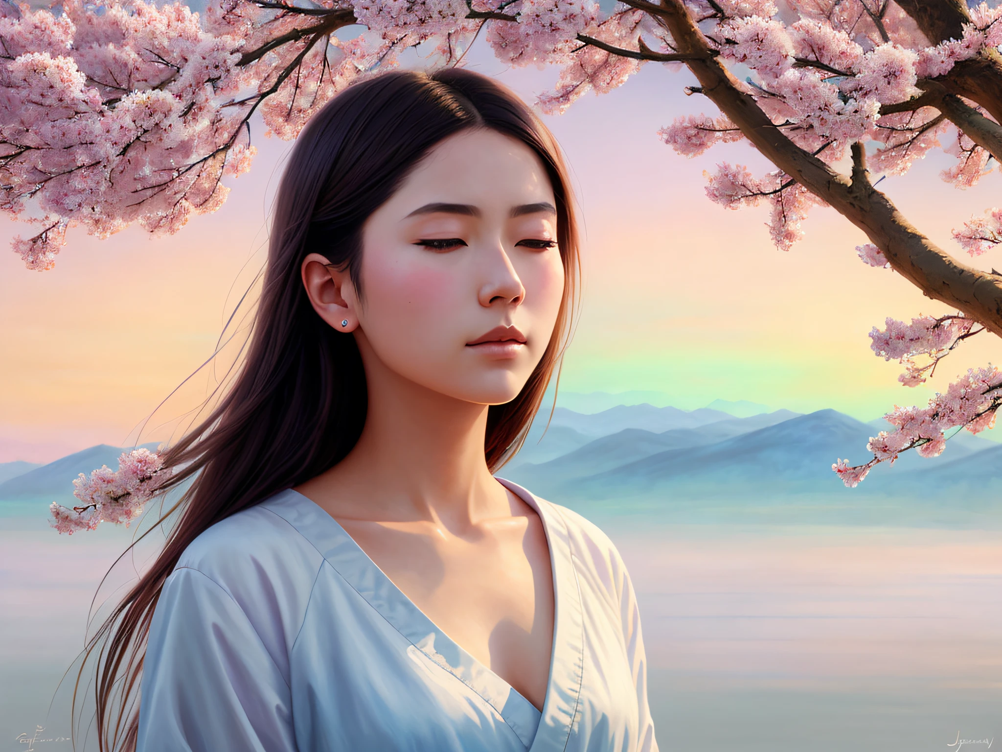 1girl samurai meditation, eyes closed, white palace dress, under cherry blossoms, sunrise, full body shot, model shooting style, beautiful highly detailed face, realistic, film artgerm and greg rutkowski and alphonse mucha, 8 k, (HDR: 1.4), photorealistic painting by Midjourney and Greg Rukowski, warm pastel colors, (Oil painting: 1.3), Pastel, Masterpiece Detail, Surrealism, Trends on ArtStation