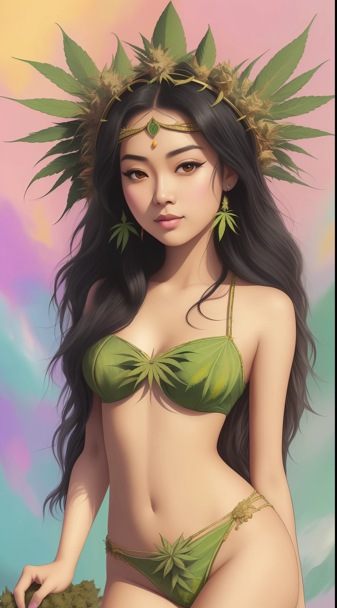 CG art of a beautiful Indonesian girl, 1girl, black hair, full body shot, (marijuana goddess:1.2), (ganja princess:1.1), (marijuana leaf crown:1.2), cute girl, Exotic, Sexy, Sam Yang art,
glamor pose, smirk, eyebrow up, 
pastel color, calm tones, 58 mm,
detailed background,
(paint by SamDoesArts:1.3)