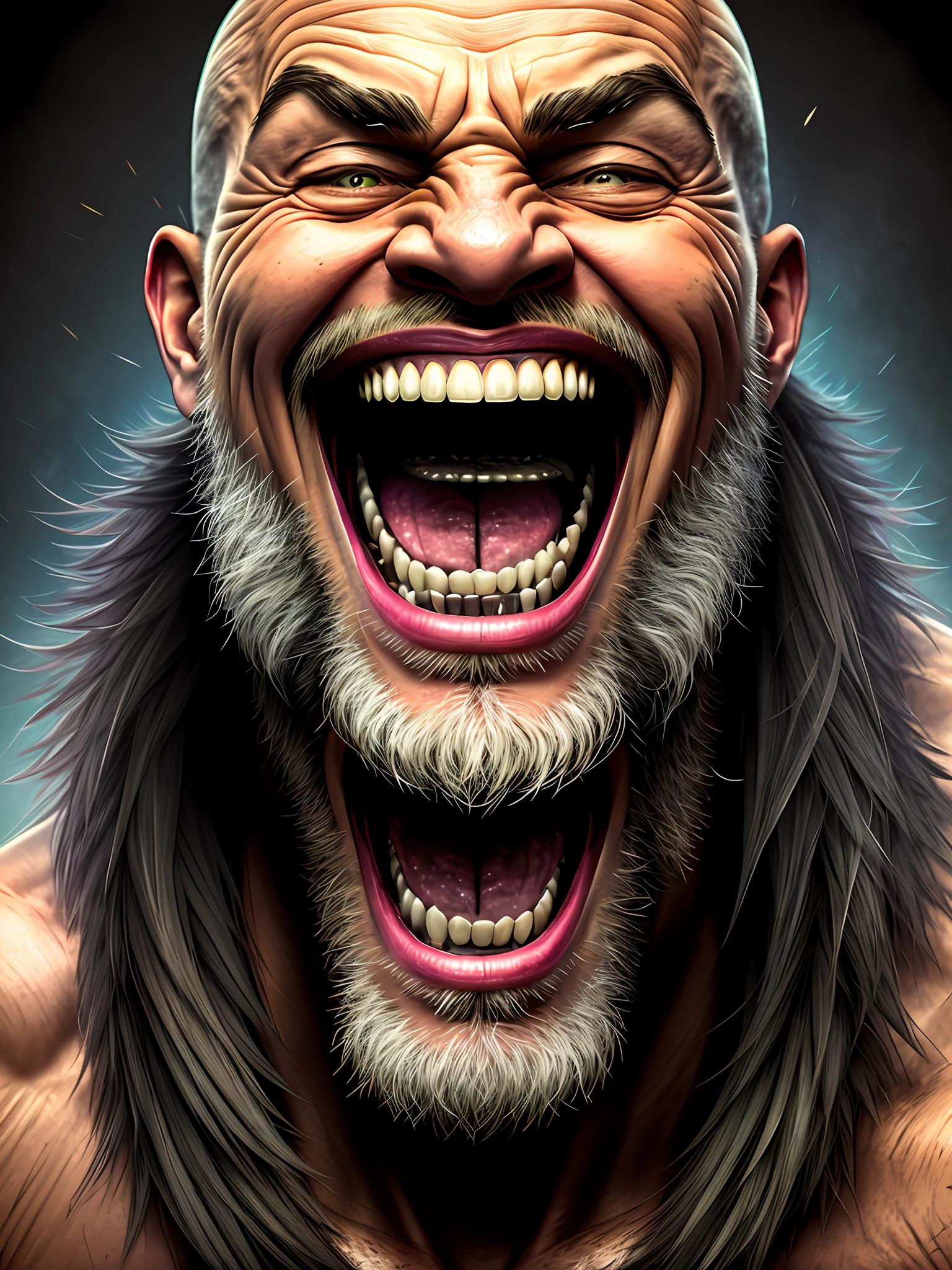a portrait of a laughing, toxic, muscle, god, elder, (hdr:1.28), bald, hyperdetailed, cinematic, warm lights, intricate details, hyperrealistic, dark radial background, (muted colors:1.38), (neutral colors:1.2)
