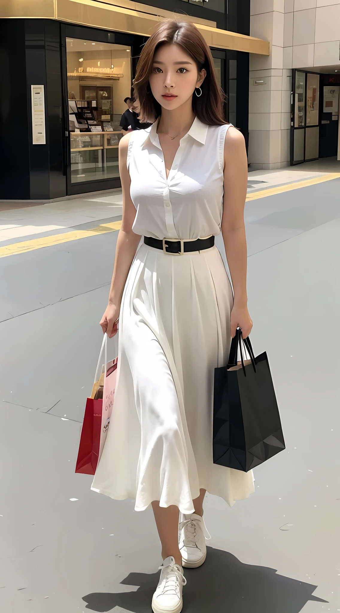 (Best quality, 8k, 32k, masterpiece, UHD: 1.2), full body, young beautiful woman, (medium short dark brown hair), walking, side face looking into the distance, (lapel loose white sleeveless shirt 1.2), (high waist French white maxi skirt: 1.5), (female black belt: 1.2), (wearing white shoes), holding shopping bag, shopping in the mall