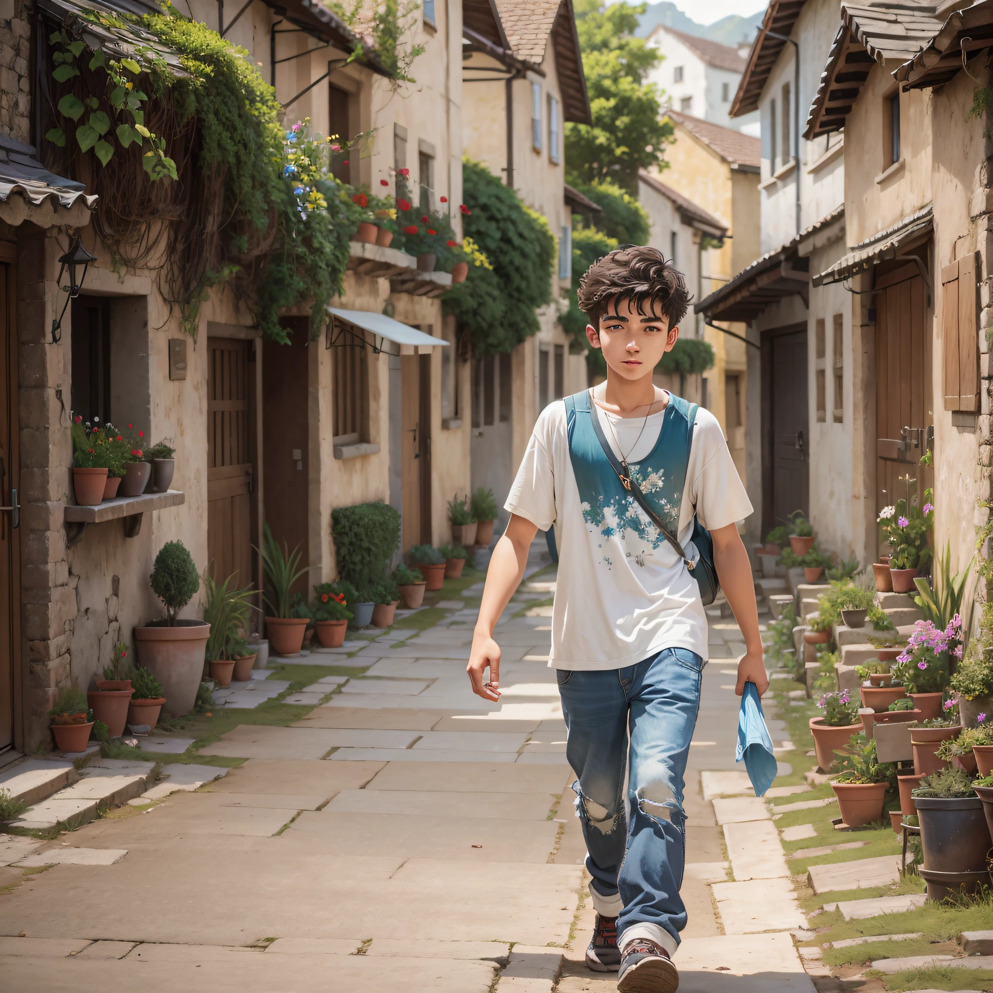 20-year-old boy walking through a village, high definition, with many details, --auto --s2