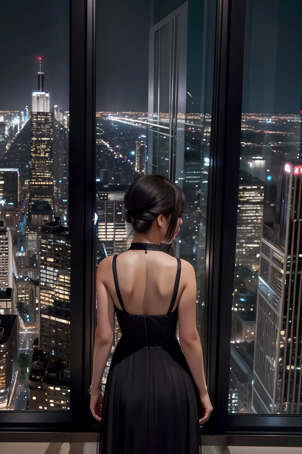 RAW photograph, masterpiece,best quality, delicate and beautiful, 8k wallpaper, a woman , black dress, solo, night, standing next to glass window on skycraper room, aerial view of cityscape from windows