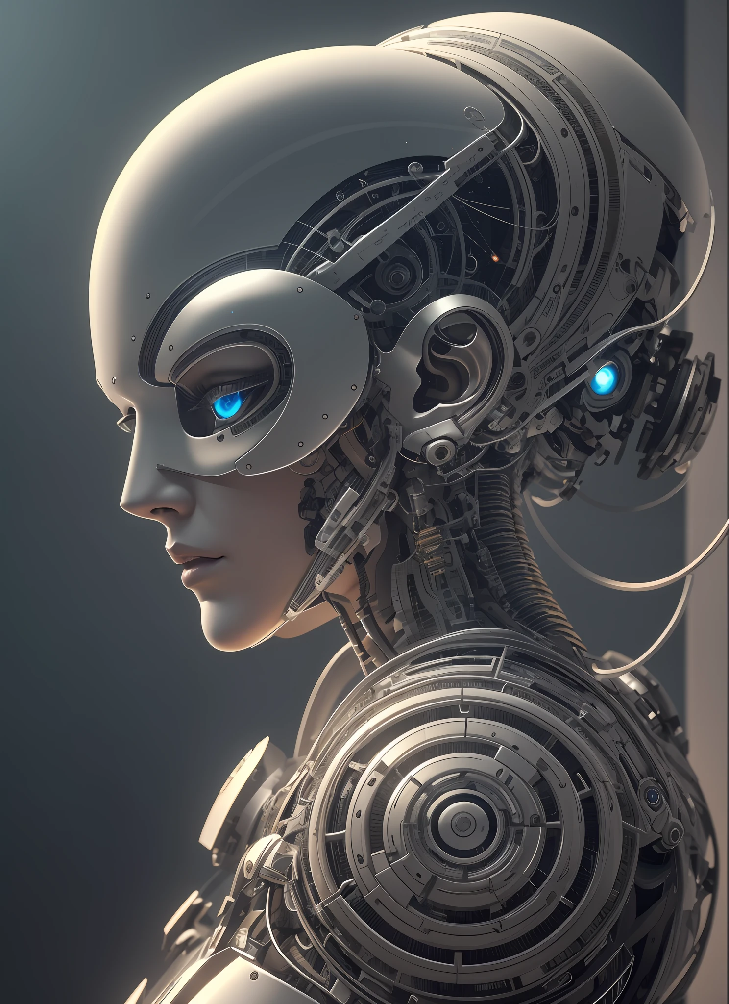Complex 3D rendering Ultra-detailed woman android face with beautiful porcelain silhouette, cyborg, robot part, 150 mm, beautiful studio soft light, edge light, vibrant detailing, luxury cyberpunk, lace, surreal, anatomy, facial muscles, cable wire, microchip, elegant, beautiful background, octane rendering, h. r. giger style, 8k, best quality, masterpiece, Illustrations, An extremely refined and beautiful, very detailed, CG, unity, wallpaper, (Realistic, photorealistic: 1.37), amazing, fine details, masterpiece, best quality, official art, extremely detailed CG Unity 8k wallpaper, ridiculous, incredibly ridiculous, robot, silver halmet, full body, sitting