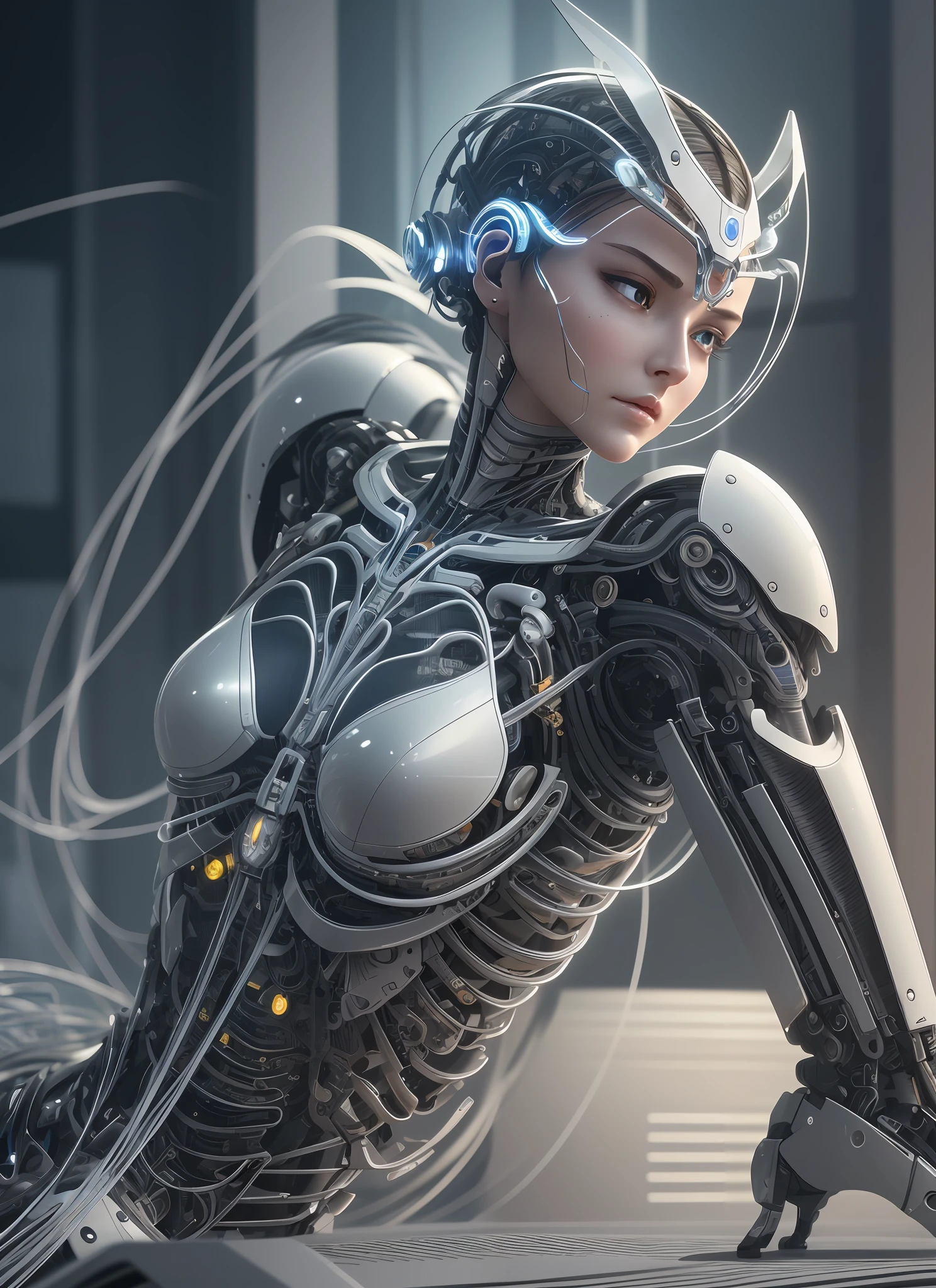 Complex 3D rendering Ultra-detailed woman android face with beautiful porcelain silhouette, cyborg, robot part, 150 mm, beautiful studio soft light, edge light, vibrant detailing, luxury cyberpunk, lace, surreal, anatomy, facial muscles, cable wire, microchip, elegant, beautiful background, octane rendering, h. r. giger style, 8k, best quality, masterpiece, Illustrations, An extremely refined and beautiful, very detailed, CG, unity, wallpaper, (Realistic, photorealistic: 1.37), amazing, fine details, masterpiece, best quality, official art, extremely detailed CG Unity 8k wallpaper, ridiculous, incredibly ridiculous, robot, silver halmet, full body, sitting