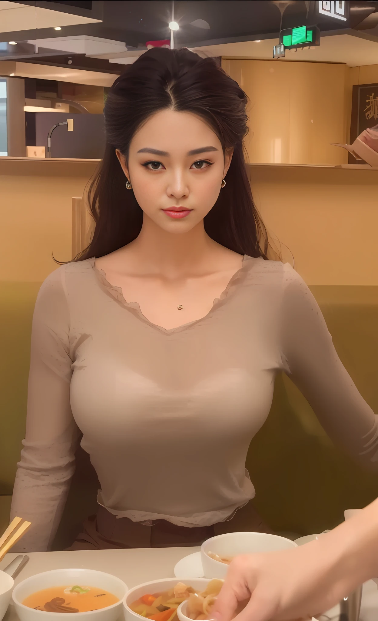 woman sitting at a table with a bowl of soup and a bowl of noodles, gorgeous chinese model, gorgeous young korean woman, beautiful asian girl, beautiful south korean woman, korean girl, beautiful young korean woman, wearing tight shirt, bust with a long beautiful neck, tight shirt, korean woman, attractive pose, cleavage, busty, beautiful asian woman, wearing a cute top,  masterpiece, superdeformed, full body: 1.2, ultra high res, RAW photo, masterpiece, ultra detailed, 8k, full detailed hair, highres, best quality, ultra high res, ultra detailed face and eyes, (photorealistic:1.4), looking at viewer, smiling, cute,  (ray tracing:1.4), (long legs:1.4), Best quality , masterpiece, large hip, Fully facial detailed, beautiful, ((very detailed of hair )) , (((18 years old))), thin lips, big eyes, highres, seducing, blue eyes , slim waist, 8k, 16k, highres, smile,looking at food,
karol bak uhd, inspired by hajime sorayama,