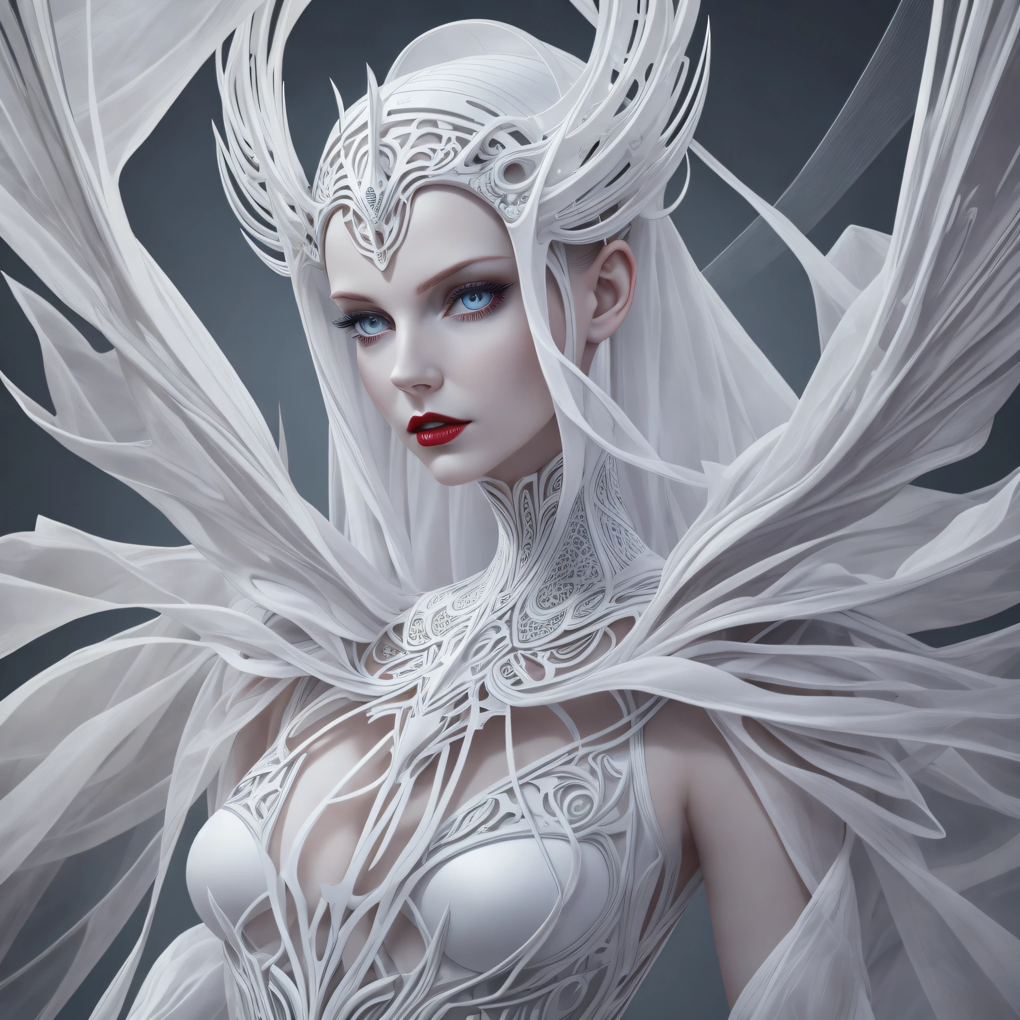 ((add_detail:1)), arafed woman with a white dress and wings on her head, with intense red lipstick, porcelain cyborg, futuristic fashion, fractal ceramic armor, pale white porcelain skin, Iris van Herpen Rankin, futuristic and ethereal, porcelain cyborg armor, pale milky white porcelain skin, white porcelain skin, white porcelain skin,  Pale porcelain skin, HG Giger Flora Borsi, futuristic fashion woman, wearing futuristic --auto --s2