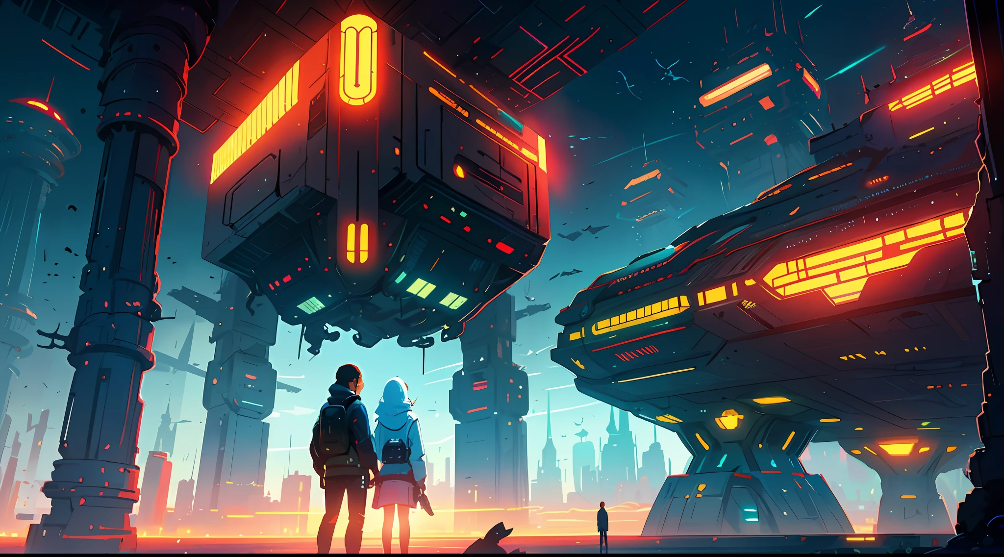 there are two people standing in front of a futuristic city, alena aenami and android jones, arstation and beeple highly, sci - fi illustrations, sci-fi illustrations, sci-fi digital art illustration, beeple and jeremiah ketner, sci - fi illustration, sci-fi illustration, beeple and tim hildebrandt