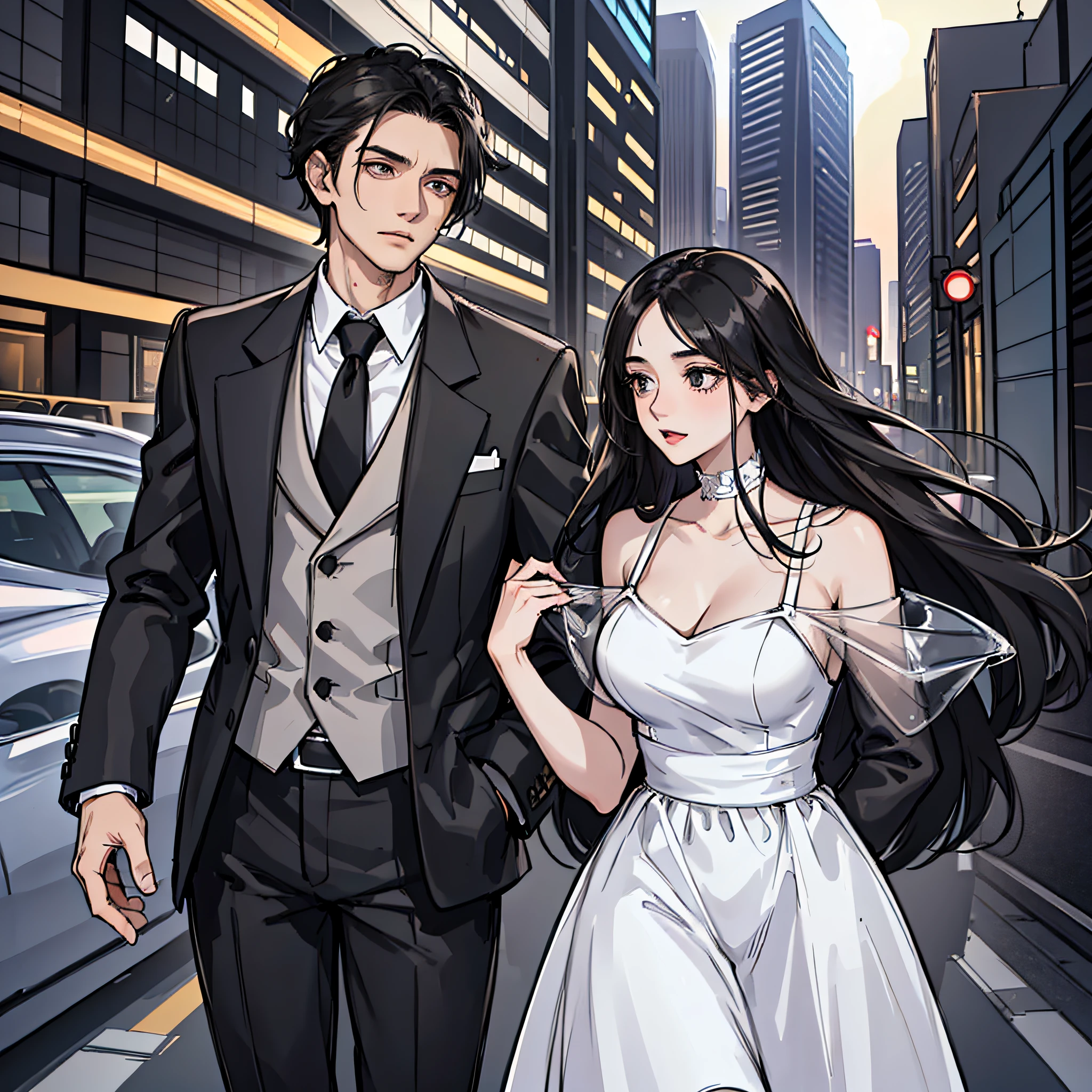 A man in a black suit (side hair type, high cold) and a woman in a white dress (long black hair, pretty,) are getting into the car