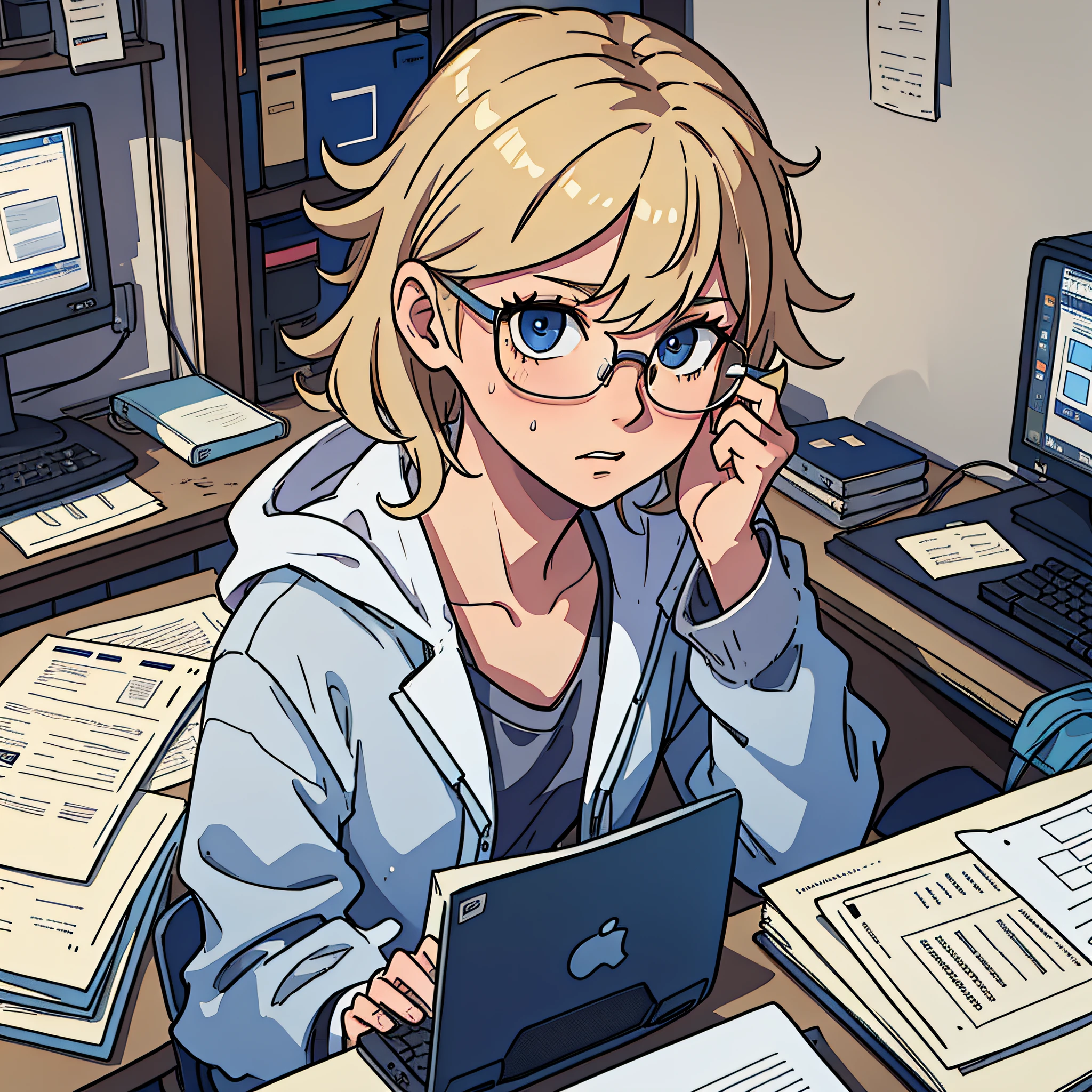 25 years old, young adult woman, average build, sandy blonde hair, glasses, sweatpants, grey robe, blue eyes, messy room, sitting at a desk, typing on a computer, masterpiece, 8k, best quality, messy hair, unstyled hair, short hair