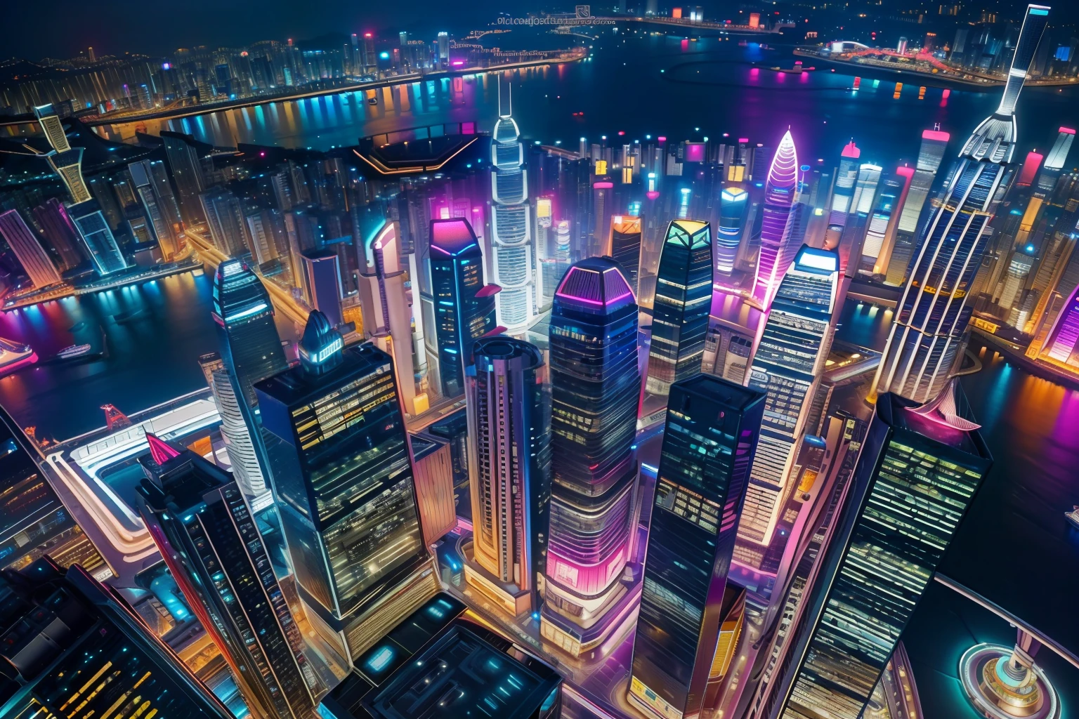 Aerial view of futuristical hongkong, cyberpunkAI, skycrapers, neon, colorful, (night), (masterpiece),(best quality), intricacyties added