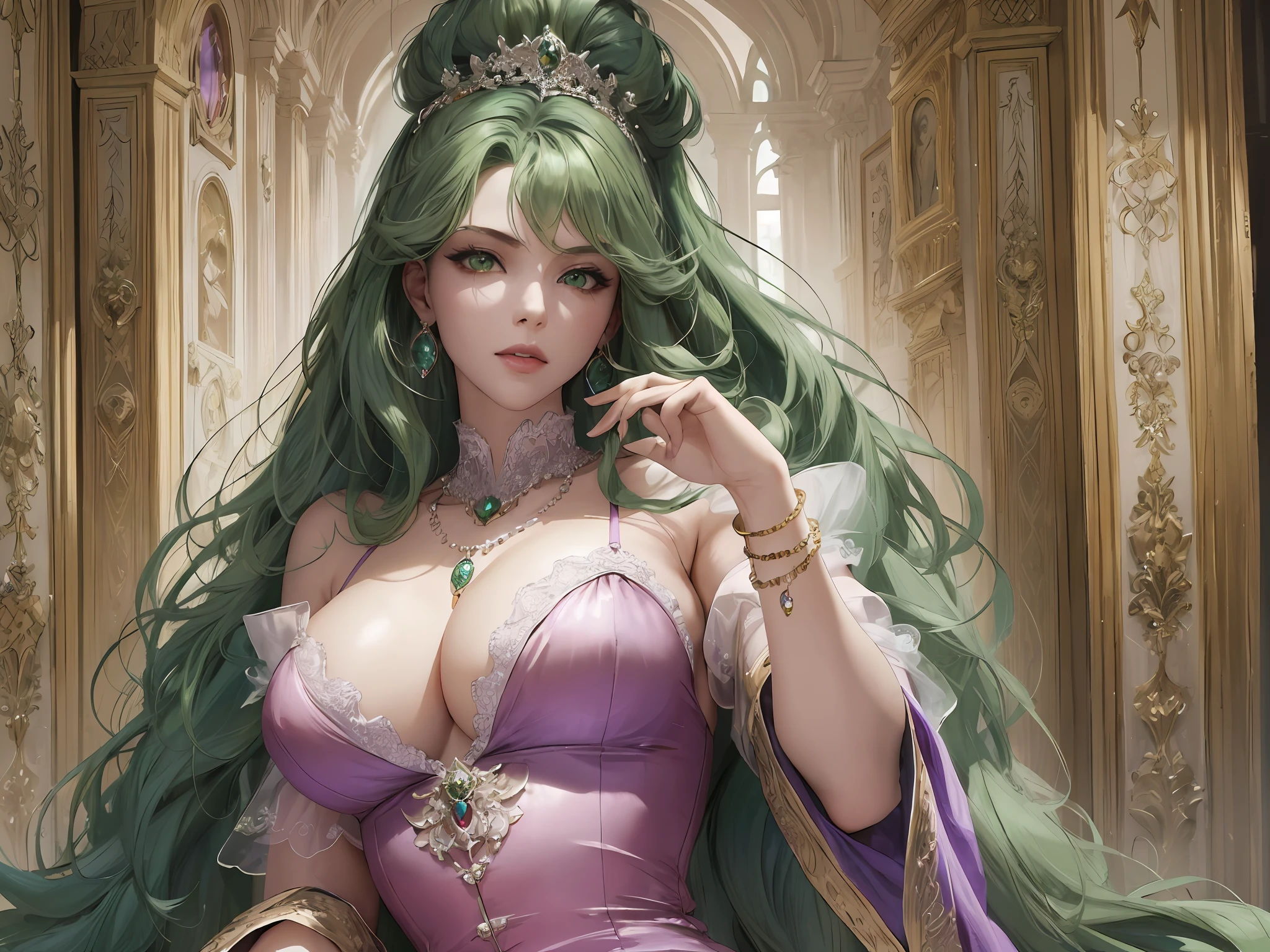 (((green hair, [PERFECT REALISTIC GREEN EYES])))), ultra realistic 8k CG, perfect face, flawless, clean, masterpiece, professional artwork, famous art, cinematic lighting, cinematic flower, perfect face, beautiful face, beautiful eyes, (((perfect female body, narrow waist))), beautiful queen, royal, divine, goddess, (royal palace), fantasy, dreamlike, unreal, science fiction, (huge breasts), beautiful clothes, lace, lace trim,  lacy legwear, nsfw, breasts out, absurdly long purple lilac hair, very long hair, (rich: 1.4), prestige, luxury, jewelry, diamond, gold, pearl, gem, sapphire, ruby, emerald, intricate detail, delicate pattern, sexy, charming, seductive, seductive, erotic, charming, hair ornament, necklace, earrings, bracelet, armband, looking at the viewer,