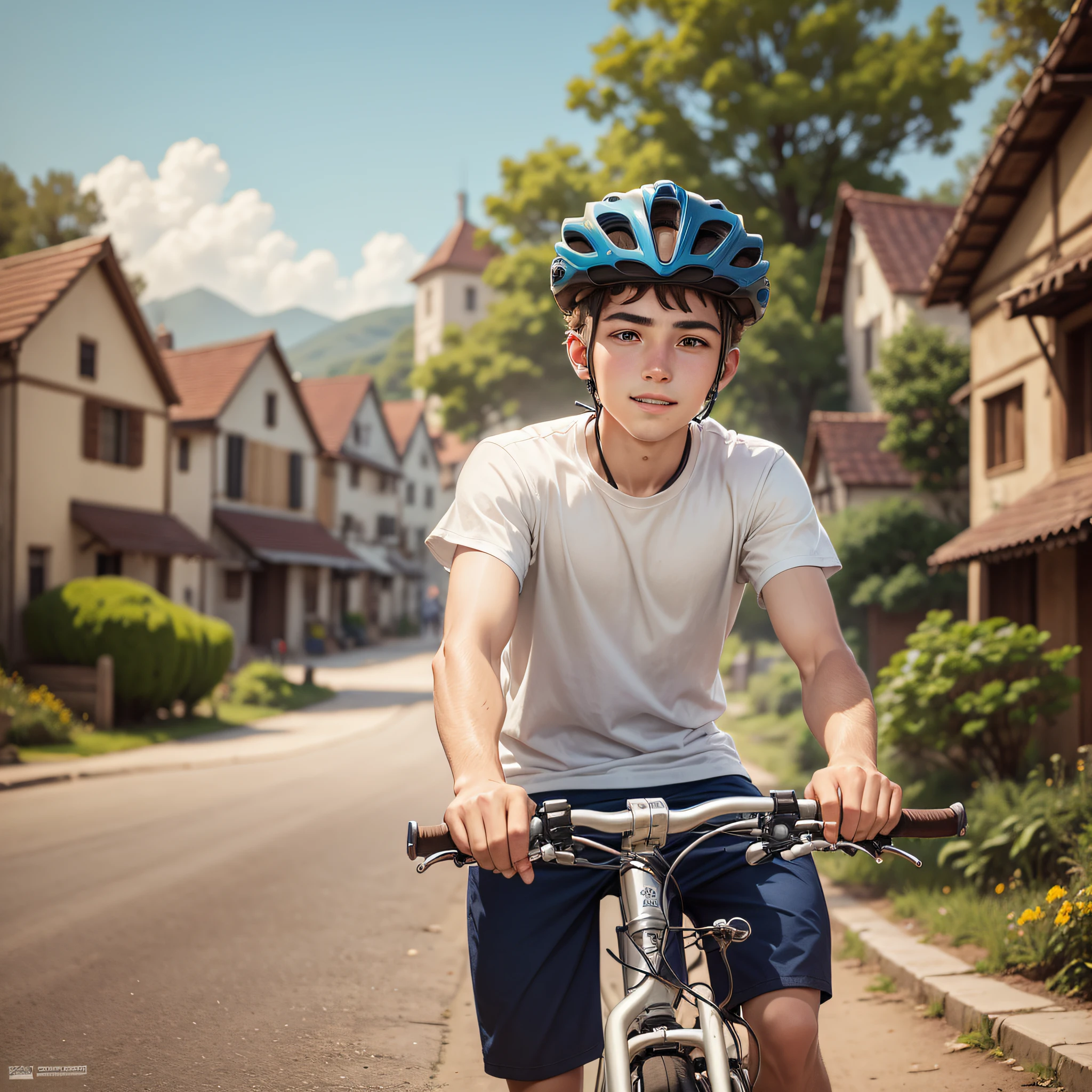 20-year-old boy riding a bicycle, through a village, high definition, with many details, --auto --s2