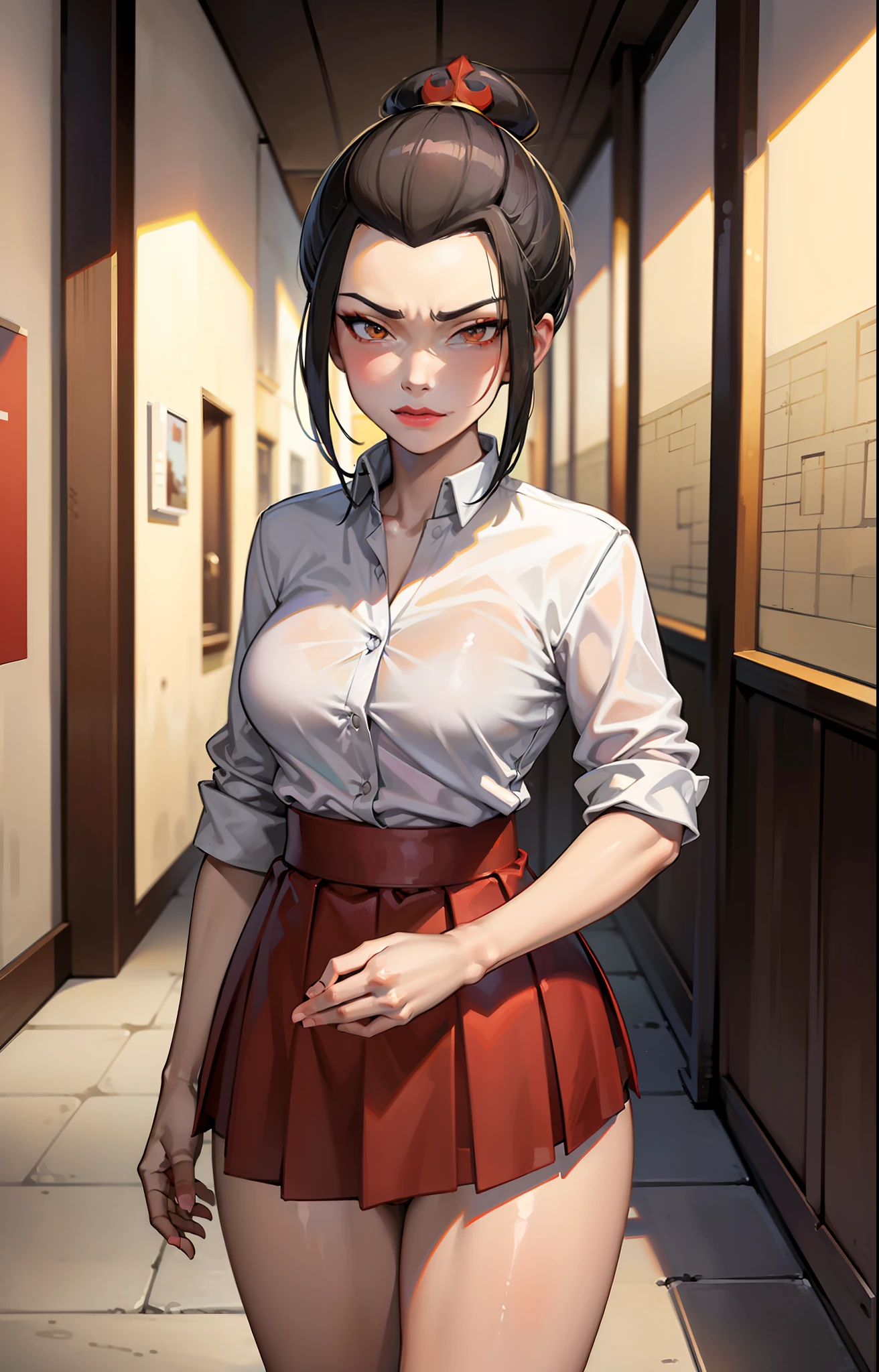 masterpiece, best quality, solo, 1girl, azula, closed mouth, smirk, makeup, décolleté, (white shirt, miniskirt, panties), wide hips, standing, legs apart, lipstick, looking at the viewer, school background, erotica, gyaru, schoolgirl-whore, corrupt, tattoo on jiaote