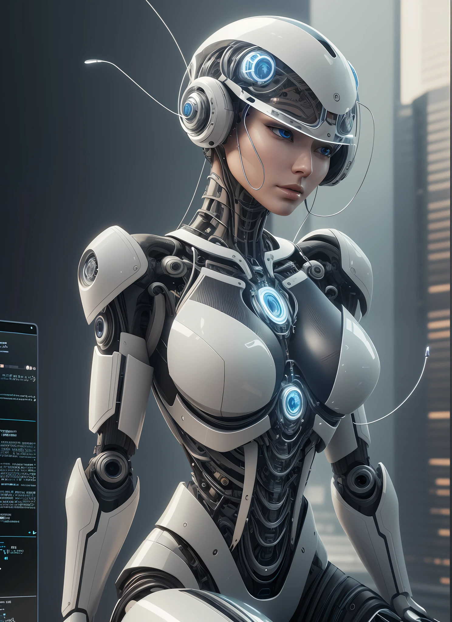 Complex 3D rendering Ultra-detailed woman android face with beautiful porcelain silhouette, cyborg, robot part, 150 mm, beautiful studio soft light, edge light, vibrant detailing, luxury cyberpunk, lace, surreal, ???????, facial muscles, cable wire, microchip, elegant, beautiful background, octane rendering, h. r. giger style, 8k, best quality, masterpiece, Illustrations, An extremely refined and beautiful, very detailed, CG, unity, wallpaper, (Realistic, photorealistic: 1.37), amazing, fine details, masterpiece, best quality, official art, extremely detailed CG Unity 8k wallpaper, ridiculous, incredibly ridiculous, robot, silver halmet, full body, sitting