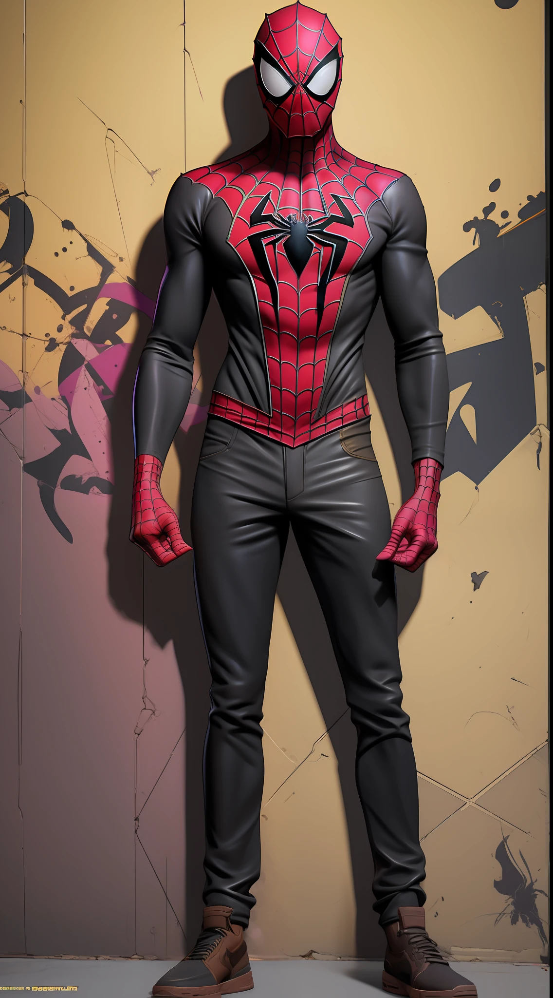 Full body highly detailed portrait of spiderman, by greg rutkowski, by greg tocchini, by james gilleard, by joe fenton, by kaethe butcher, gradient yellow, black, brown and magenta color scheme, grunge aesthetic!!! graffiti tag wall background