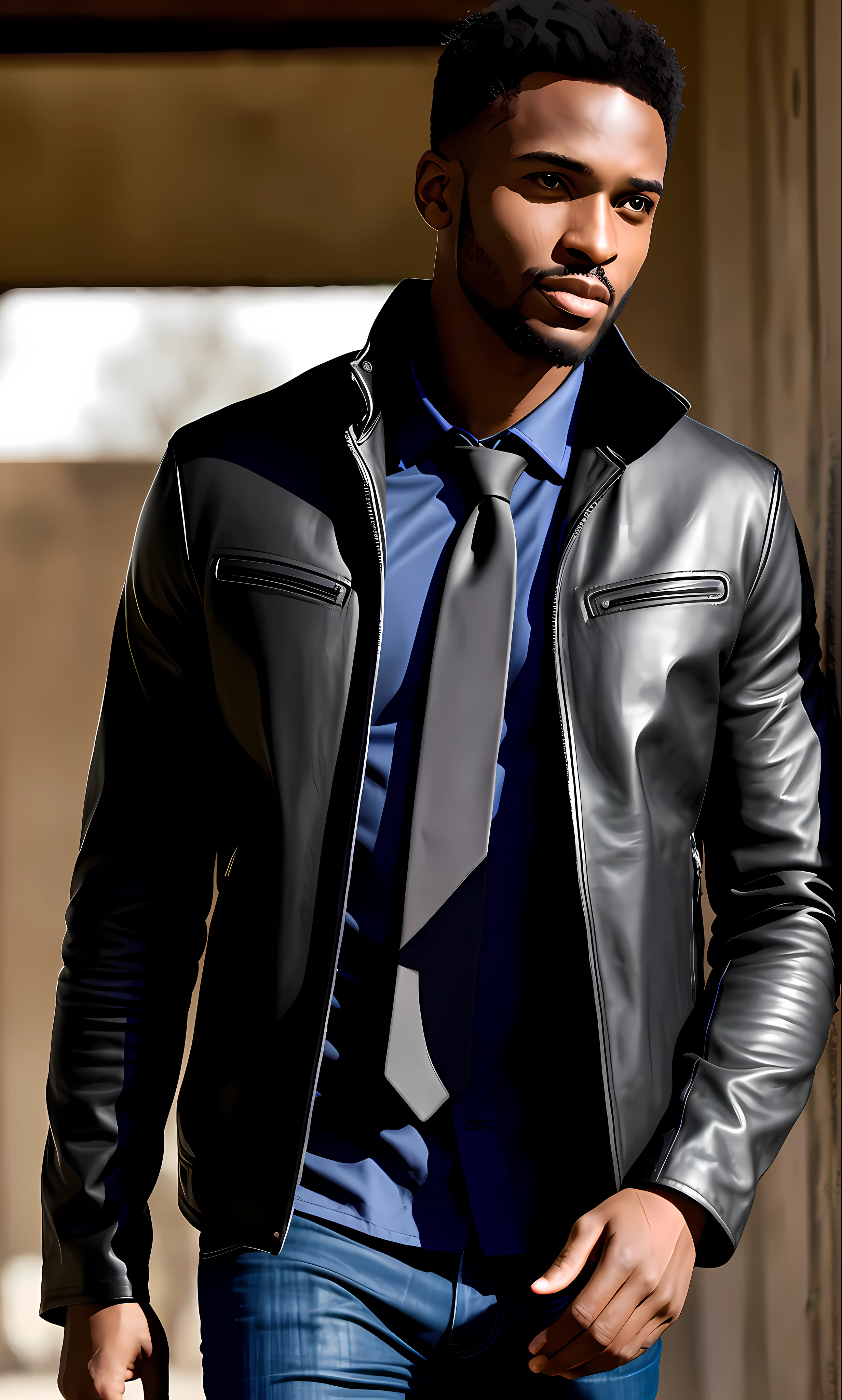 2.5D, (realism: 1.37), 25-year-old man, African and Somalian face, shooting game character, cool guy, no beard, handsome hairstyle, wearing a shirt inside, leather jacket outside, loose tie, {holding in hand Pistol}, cool and handsome, game CG, portrait of seven clones, 8k, uhd, film light, high quality