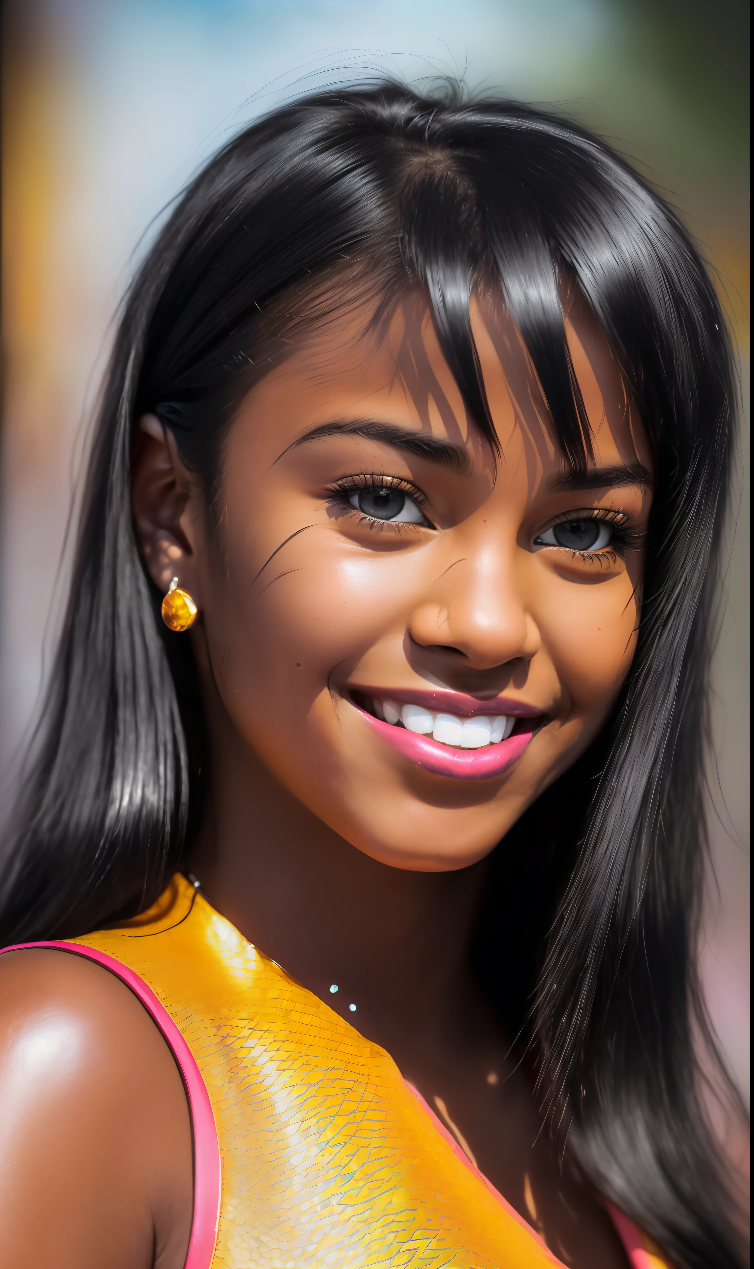 cute 18 year old girl,(((((( dress lizas)))))(((( beautiful smile teeth perfect))))((( chocolate colored skin))) (((((,shiny black hair)))))and (((((,vibrant amber colored eyes))) , sky blue , photorealistic, photo, masterpiece, realistic, realism, photorealism, high contrast, photorealistic digital art trend in Artstation 8k HD high definition, realistic detailed, detailed, skin texture, super detailed, realistic skin texture, best quality, super high resolution (photorealistic: 1.4), high resolution, detailed, raw photo, sharp re, Lee Jeffries nikon d850 film stock photography 4 kodak portra 400 camera f1.6 lens rich colors hyper realistic dramatic texture unreal lighting engine trend in artstation cinestill 800,20mp,fujifimXT3,80mm,hasselblad