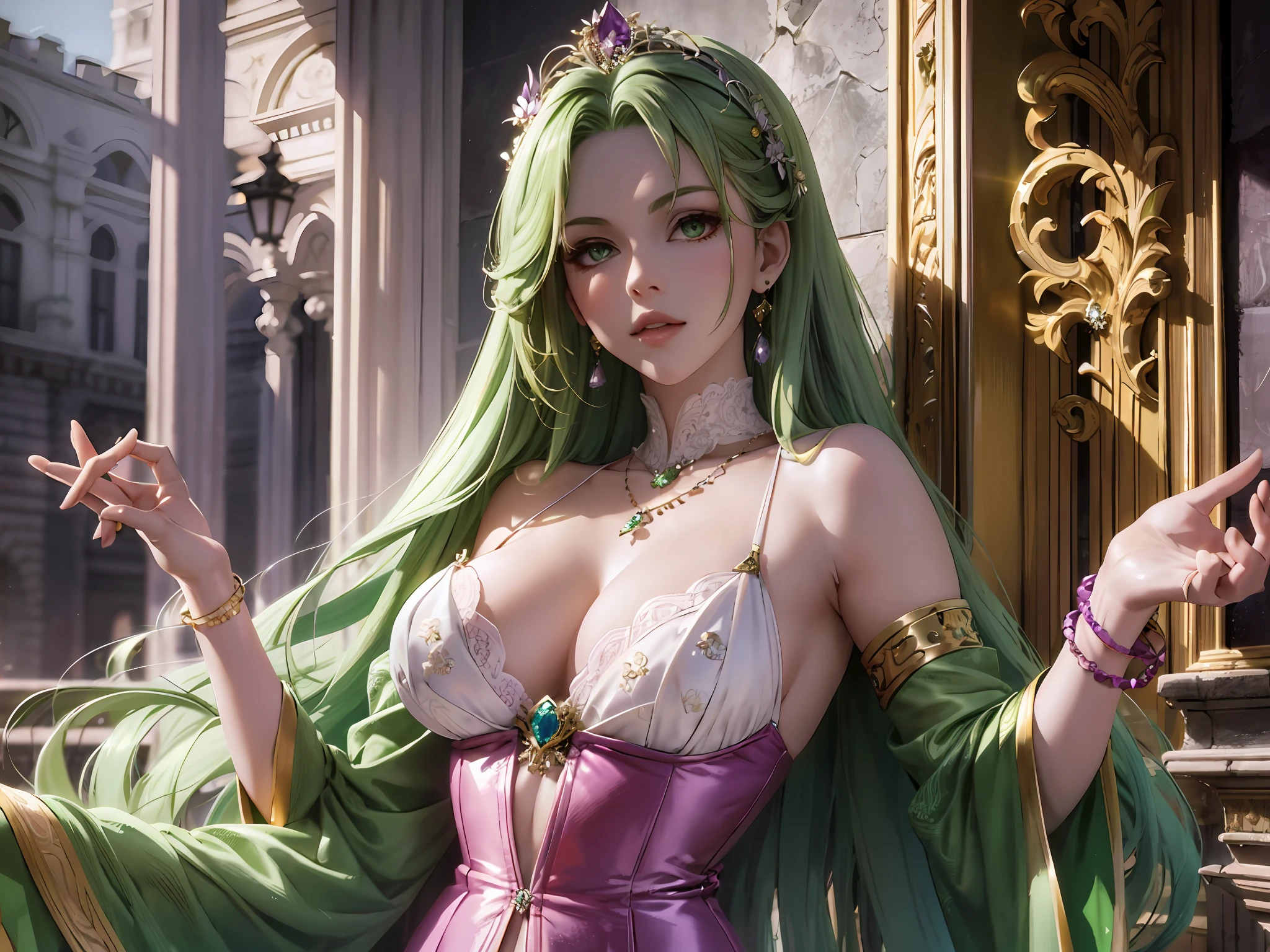 (((GREEN HAIR, [PERFECT REALISTIC EYES])))), ultra realistic 8k CG, perfect face, flawless, clean, masterpiece, professional artwork, famous art, cinematic lighting, cinematic flower, perfect face, beautiful face, beautiful eyes, (((perfect female body, narrow waist))), beautiful queen, royal, divine, goddess, (royal palace), fantasy, dreamlike, unreal, science fiction, (SMALL breasts), beautiful LILAC AND PURPLE clothes, lace,  lace trim, lace legwear, nsfw, breasts out, absurdly long hair, very long GREEN hair, (rich: 1.4), prestige, luxury, jewelry, diamond, gold, pearl, gem, sapphire, ruby, emerald, intricate detail, delicate pattern, sexy, charming, seductive, seductive, erotic, charming, hair ornament, necklace, earrings, bracelet, armband, looking at the viewer,