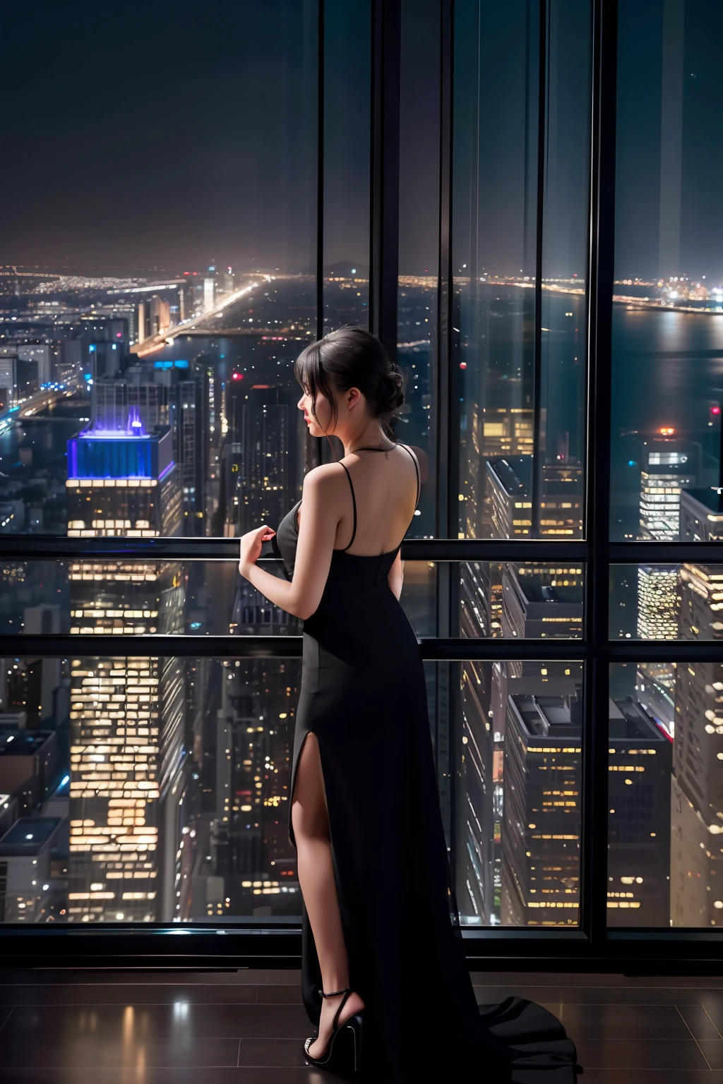 RAW photograph, masterpiece,best quality, delicate and beautiful, 8k wallpaper, a woman , black dress, solo, night, standing next to glass window on skycraper room, aerial view of cityscape from windows