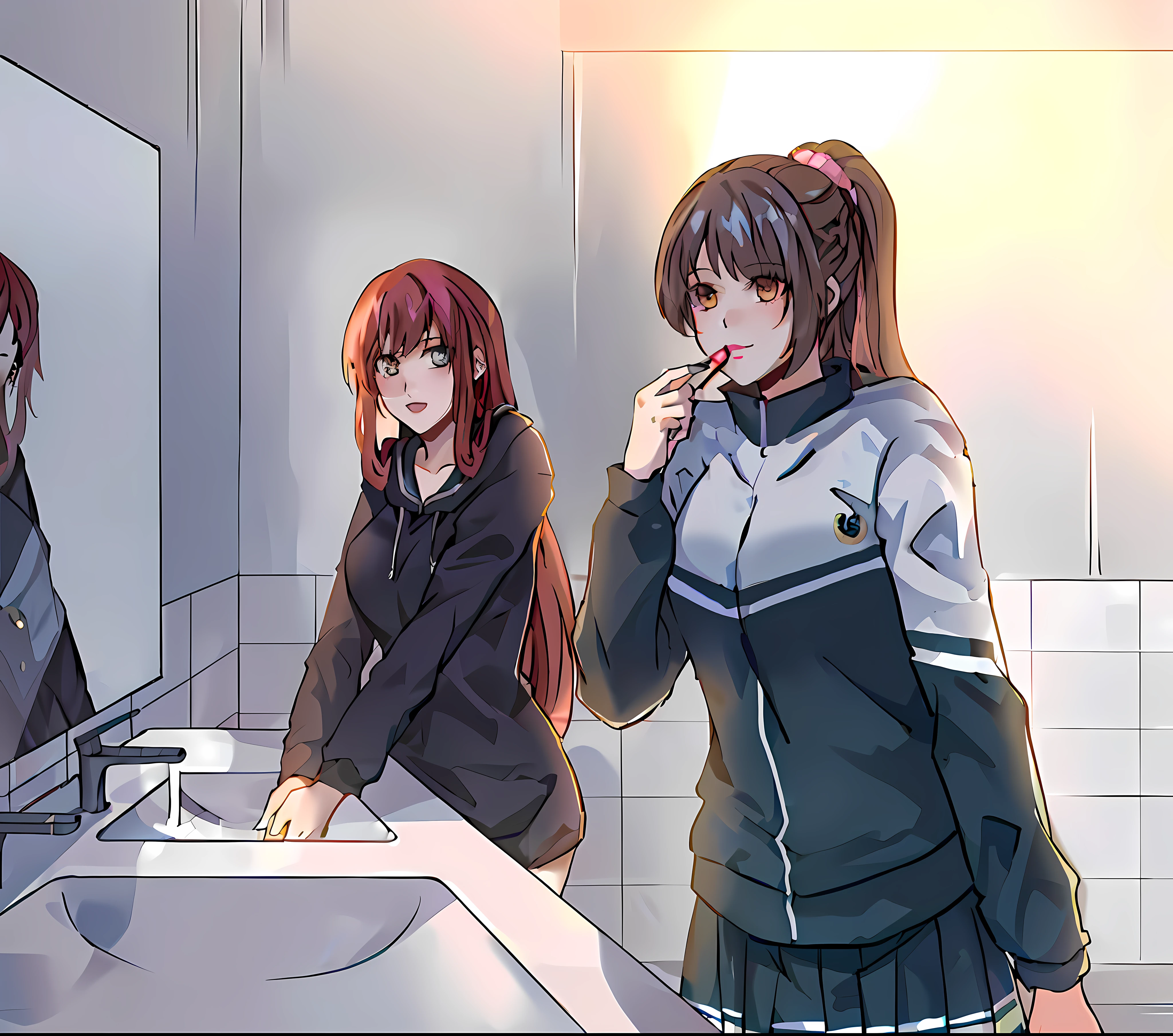 anime girl applying lipstick in front of the mirror in the bathroom, ecchi anime style, girl front style, realistic anime art style, two beautiful anime girls, anime girl, from girl front ,; Visual Novel, Anime Style, Visual Novel CG, Visual Novel, Anime Style, Kantai Collection Style, Marin Kitagawa Doujin Art, Digital Anime Illustration
