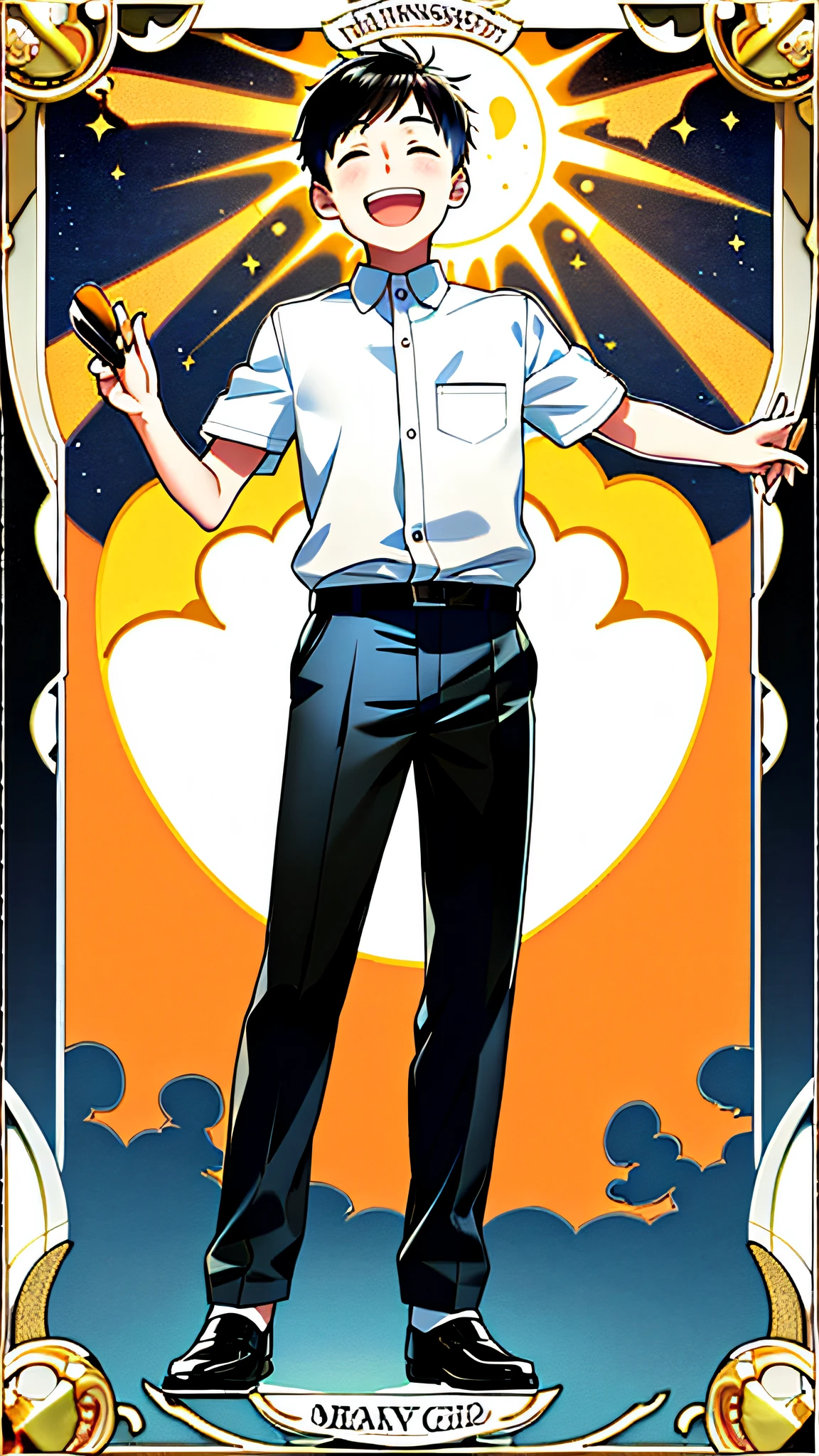 masterpiece, best quality, full body, card, 1 boy, the sun, happy, laugh, freedom, short hair, black hair, brush cut, undercut, white shirt, standing, white, orange, magic, yellow, boy, child