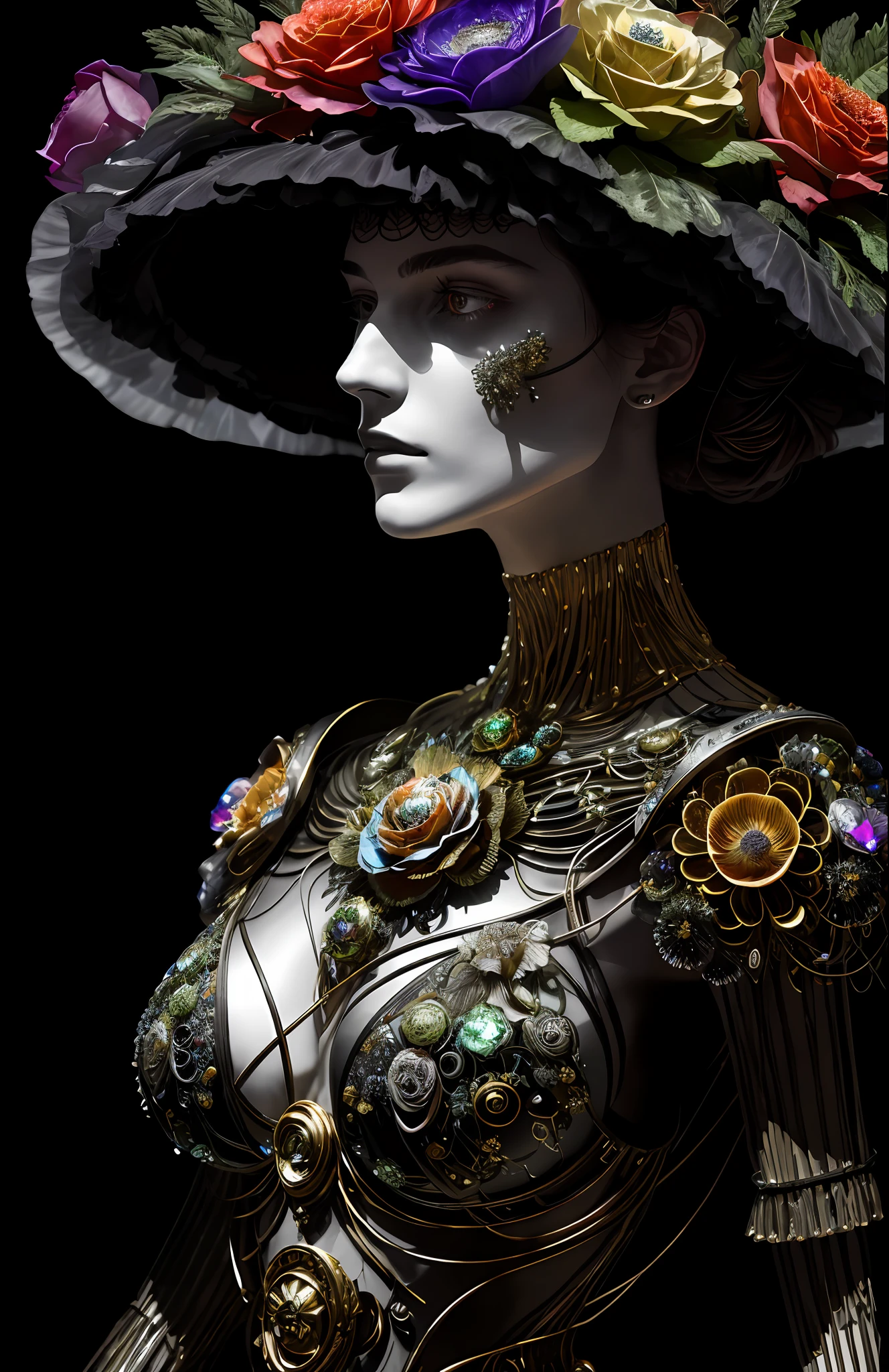 "Rosen maiden, (masterpiece, best quality), (illustration), strange fungal disease dense forest, transparent sticky substance, caustics, crystals, close-up, intricate details, dark background, sparkling spores, rainbow crystals, darkness", made of metal, cyborg: 1.1, [detailed wire]: 1.3, (complex details), HDR, (complex details, hyperdetailed: 1.2),