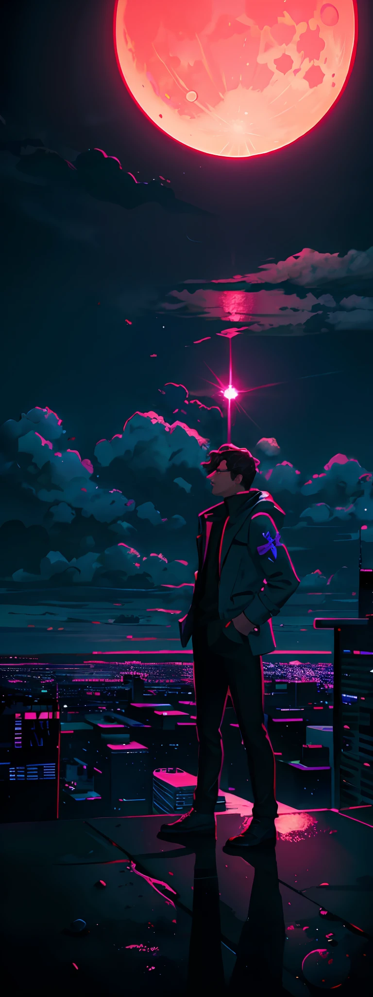 A city background, synthwave, the moon as a highlight between the clouds