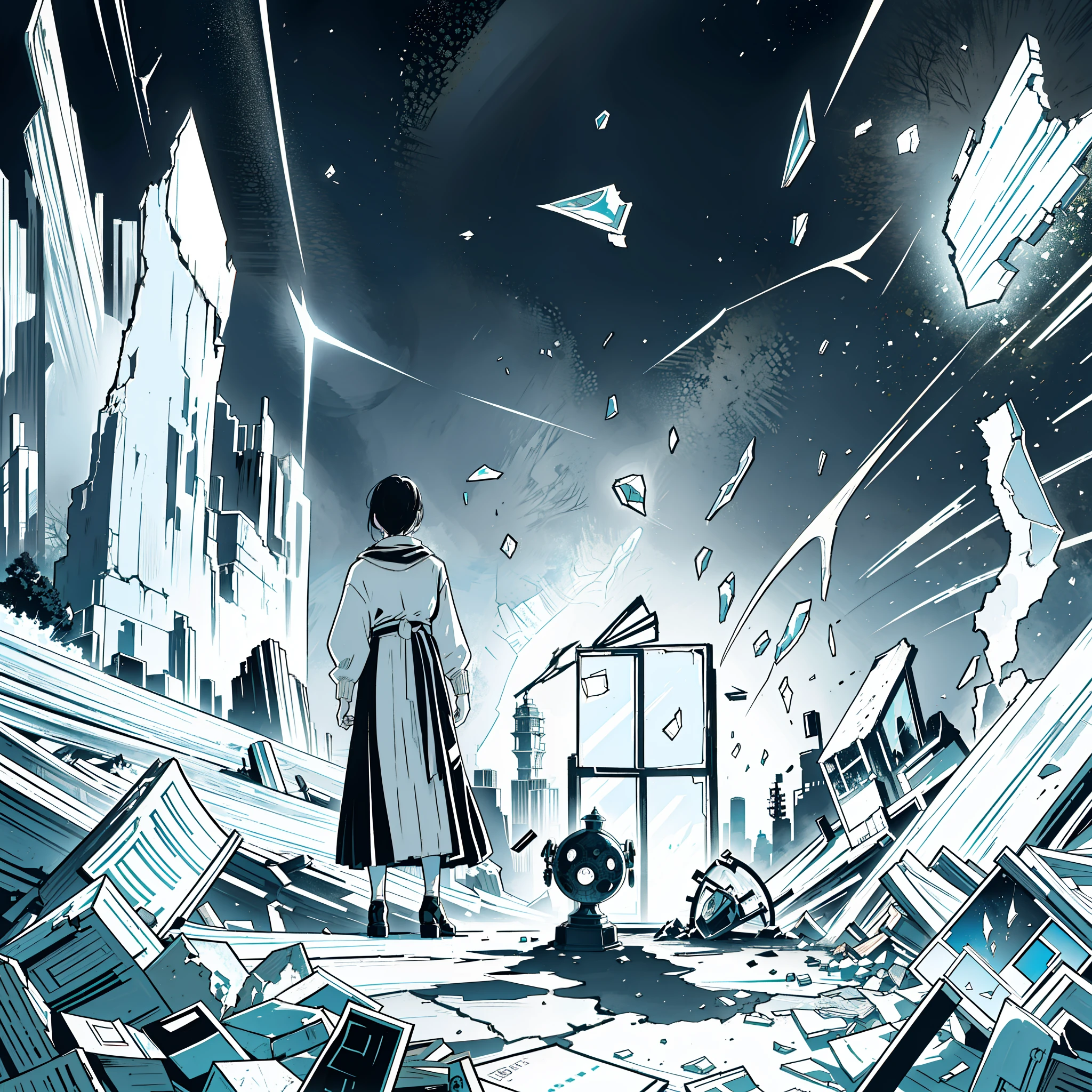 A man and a woman, holding hands, the end of the world, (HDR: 1.1), (Pastel Colors: 1.3), (Broken Rusty Car: 0.8), (Shards of Glass: 0.3), (Book on Earth: 0.3), Car Wreckage, Right Proportions, Apocalypse, Forsaken, Neutral, Night, Screen Space Refraction, (Intricate Detail), (Intricate Detail, Ultra Detail: 1.2), ArtStation, Cinematic Shots, Vignettes, Complex Backgrounds, Buildings, Junji Ito Style, Inspired by Junji Ito, Horror Manga, Monochrome Painting, Shaman horror LSD art